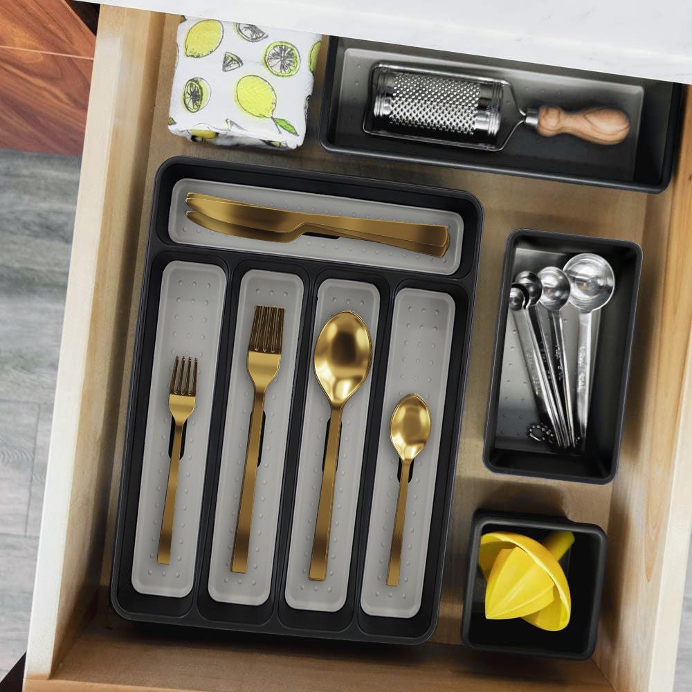 Cubertero Antideslizante de Plástico y Silicona, Organizador Para Cajones, Organizador de Utensilios Para Cocina Resistente y Fácil de Limpiar