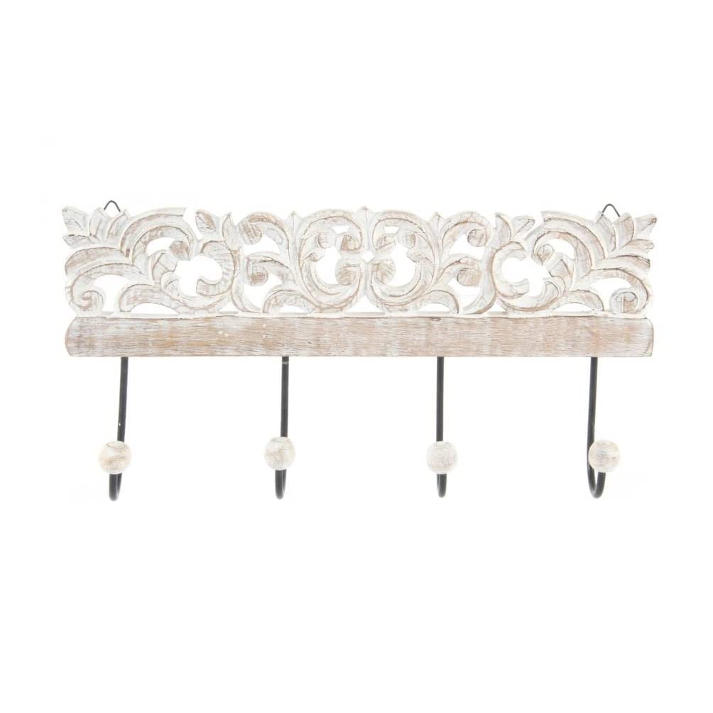 DAMDAM GO Perchero Pared 4 Colgador Madera Tallada, Percheros Pared de Diseño Para Recibidores, Entradas, Dormitorios, Habitaciones Infantiles y Baños 40x18 cm