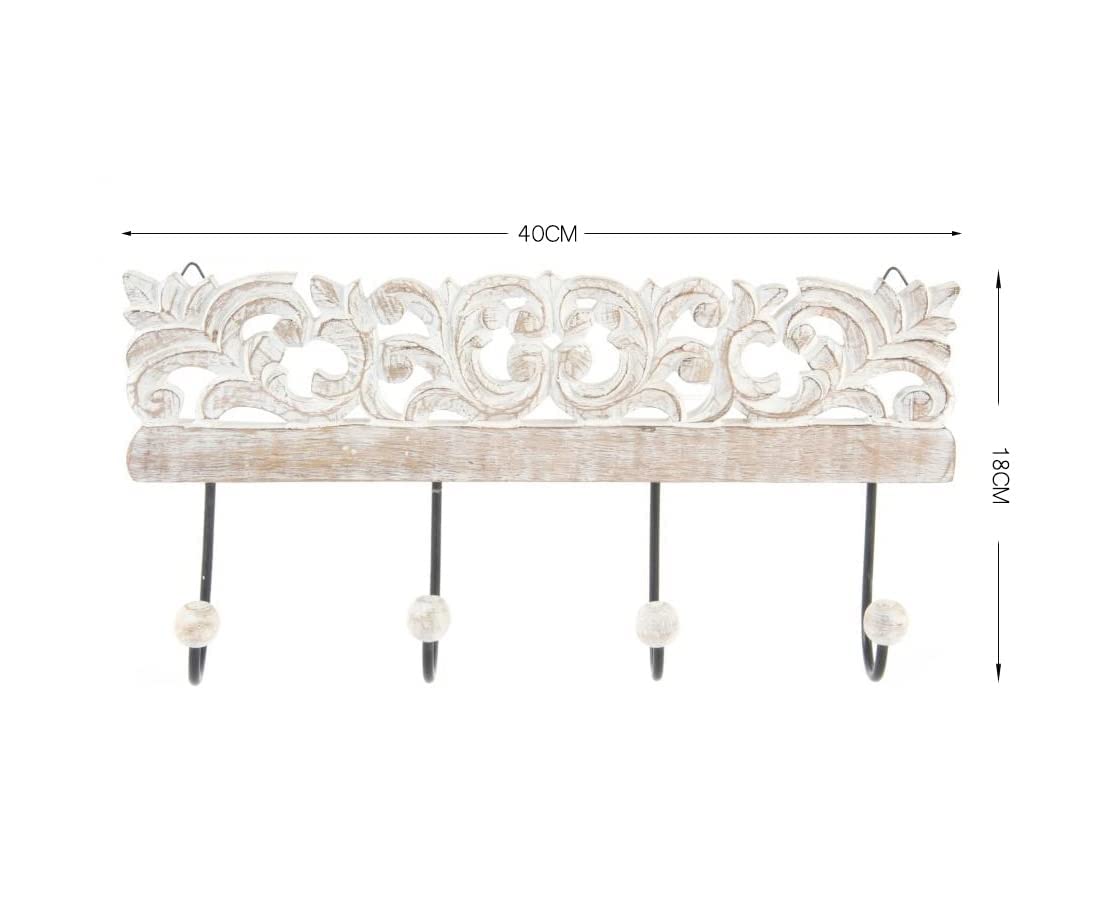 DAMDAM GO Perchero Pared 4 Colgador Madera Tallada, Percheros Pared de Diseño Para Recibidores, Entradas, Dormitorios, Habitaciones Infantiles y Baños 40x18 cm