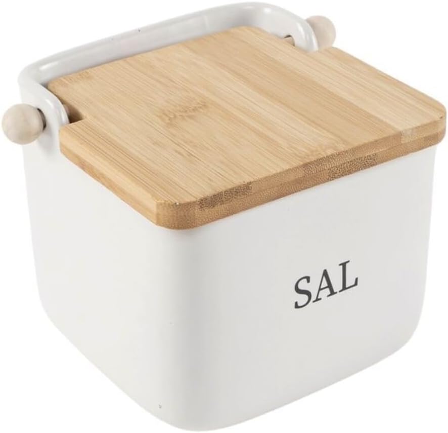 Salero y azucarero cocina blanco minimalista ceramica con tapa madera español (Salero)