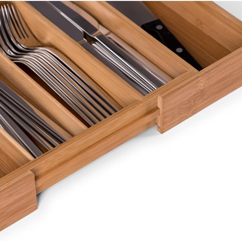 Cubertero de Bambú Extensible para Cajón de Cocina – Ajustable de 25,5 a 37 cm, 5–7 Compartimentos, Organizador de Cubiertos para Cajones Pequeños y Medianos