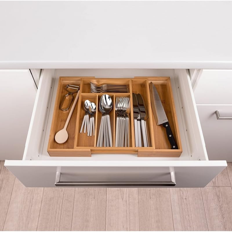 Cubertero de Bambú Extensible para Cajón de Cocina – Ajustable de 25,5 a 37 cm, 5–7 Compartimentos, Organizador de Cubiertos para Cajones Pequeños y Medianos