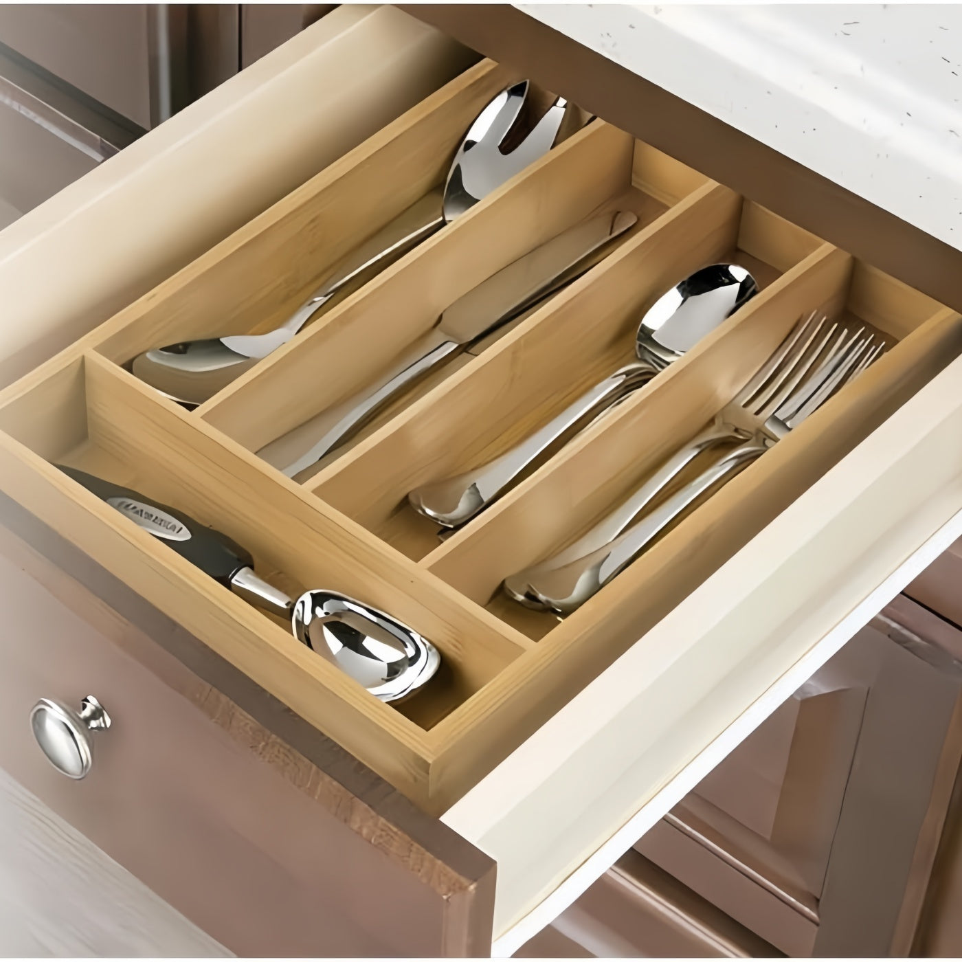 DAMDAM GO Cubertero Cajon, Organizador de Cubiertos, cubertero mandera Bambu 5 Compartimentos - 5 Compartimentos