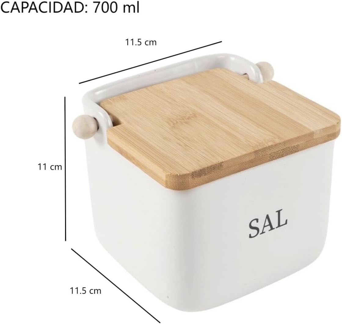 Salero y azucarero cocina blanco minimalista ceramica con tapa madera español (Salero)