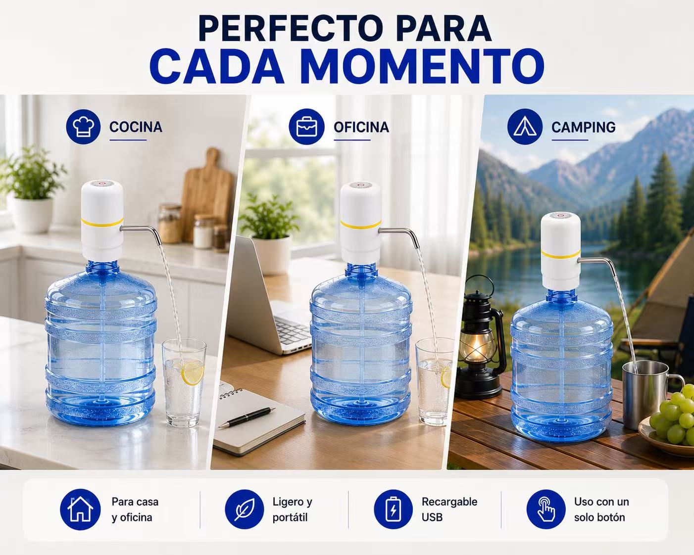 Dispensador de Agua para Garrafas 5L-20L, Bomba de Agua Eléctrica Automática USB-C Recargable, Adaptador Universal, Tubo de Acero Inoxidable, Compatible con la Mayoría de Bidones