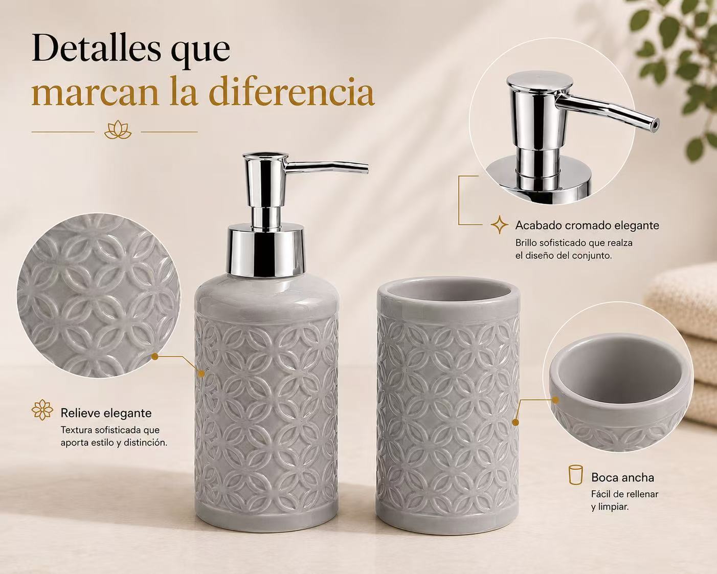 Set de Baño de Cerámica, Dispensador de Jabón y Vaso para Cepillos de Dientes, Accesorios para Baño y Lavabo, Diseño Moderno