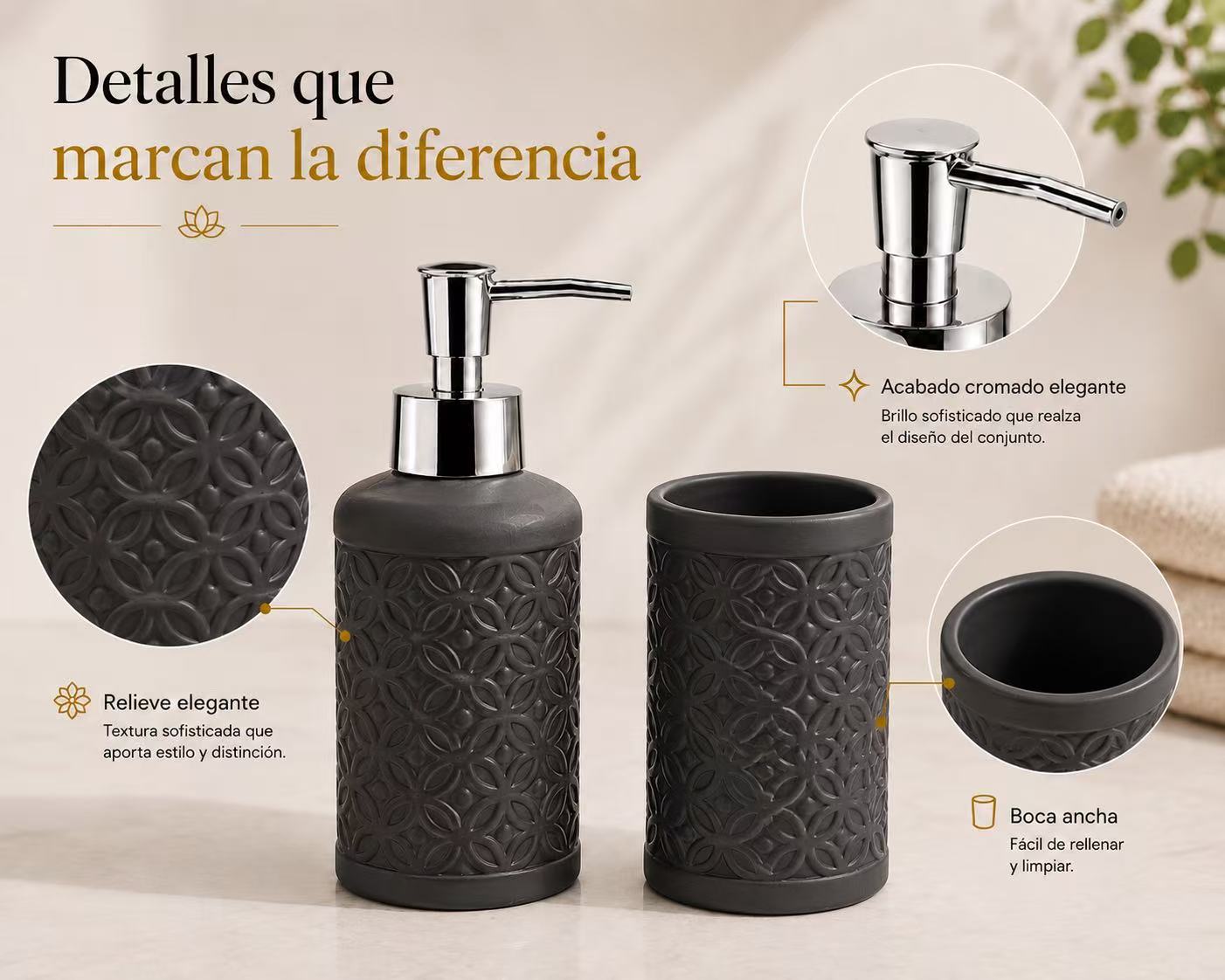 Set de Baño de Cerámica, Dispensador de Jabón y Vaso para Cepillos de Dientes, Accesorios para Baño y Lavabo, Diseño Moderno