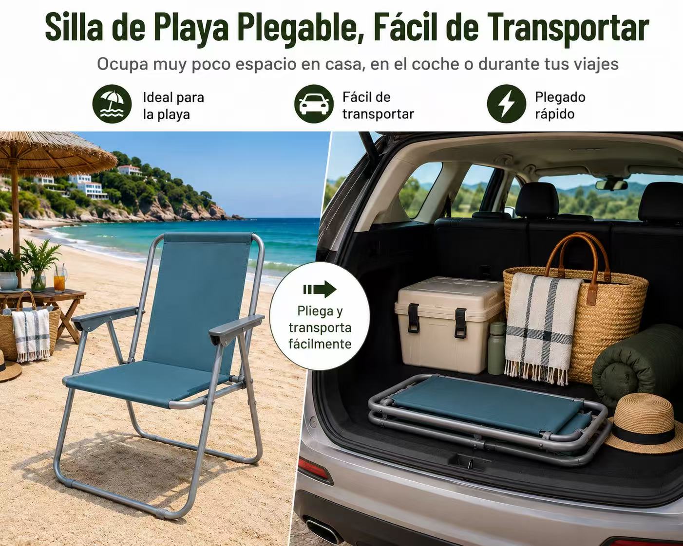 Silla de Playa Plegable Compacta, Ultraligera, con Respaldo Alto y Reposabrazos, Fácil de Transportar, Ideal para Playa, Camping, Terraza, Jardín, Balcón y Exterior