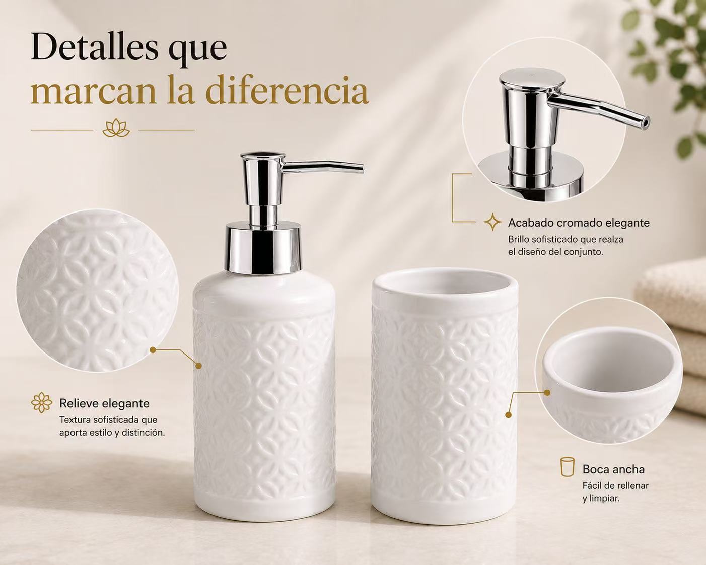 Set de Baño de Cerámica, Dispensador de Jabón y Vaso para Cepillos de Dientes, Accesorios para Baño y Lavabo, Diseño Moderno
