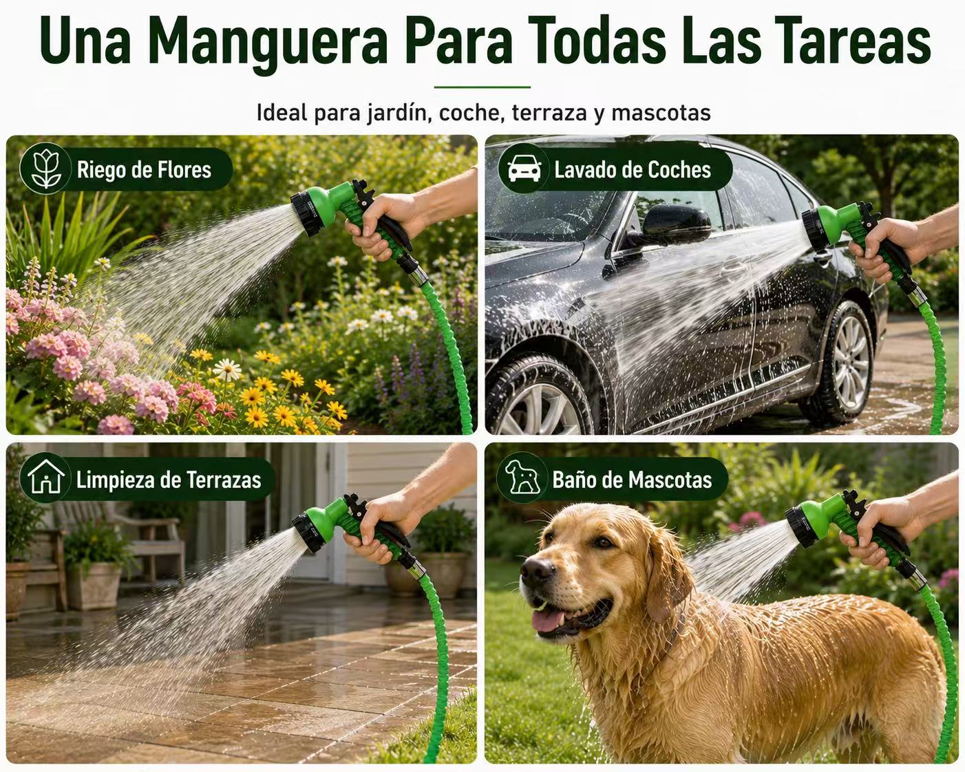 Manguera Extensible de Jardín 5-15 m con Pistola de Riego de 7 Modos y Gatillo con Bloqueo, para Césped, Piscina, Terraza y Lavado de Coches