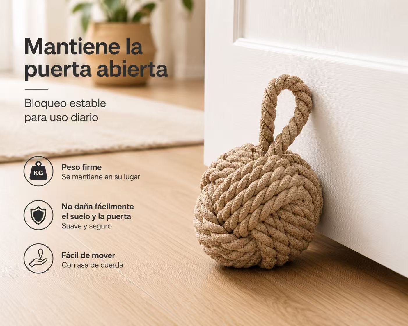 Sujetapuertas Decorativo con Asa de Cuerda, Tope de Puerta 15x15x15 cm, Retenedor para Hogar, Dormitorio, Salón y Oficina