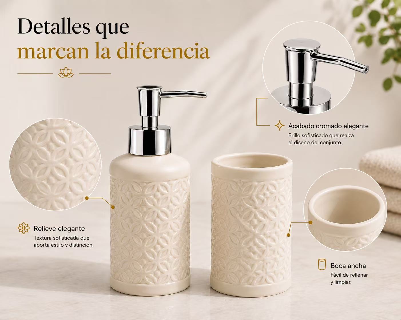 Set de Baño de Cerámica, Dispensador de Jabón y Vaso para Cepillos de Dientes, Accesorios para Baño y Lavabo, Diseño Moderno