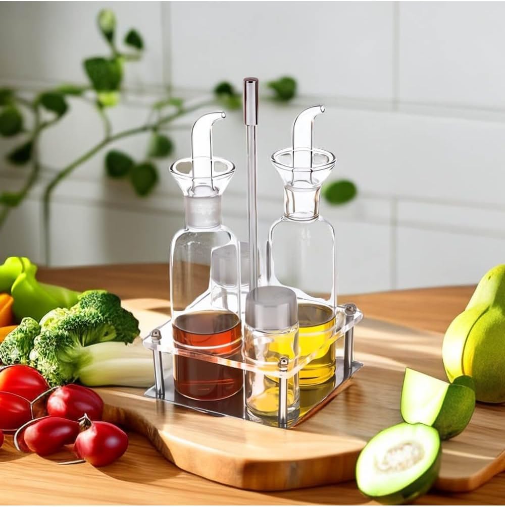 Juego Aceitera de Vidrio Antigoteo 4 Piezas con Soporte