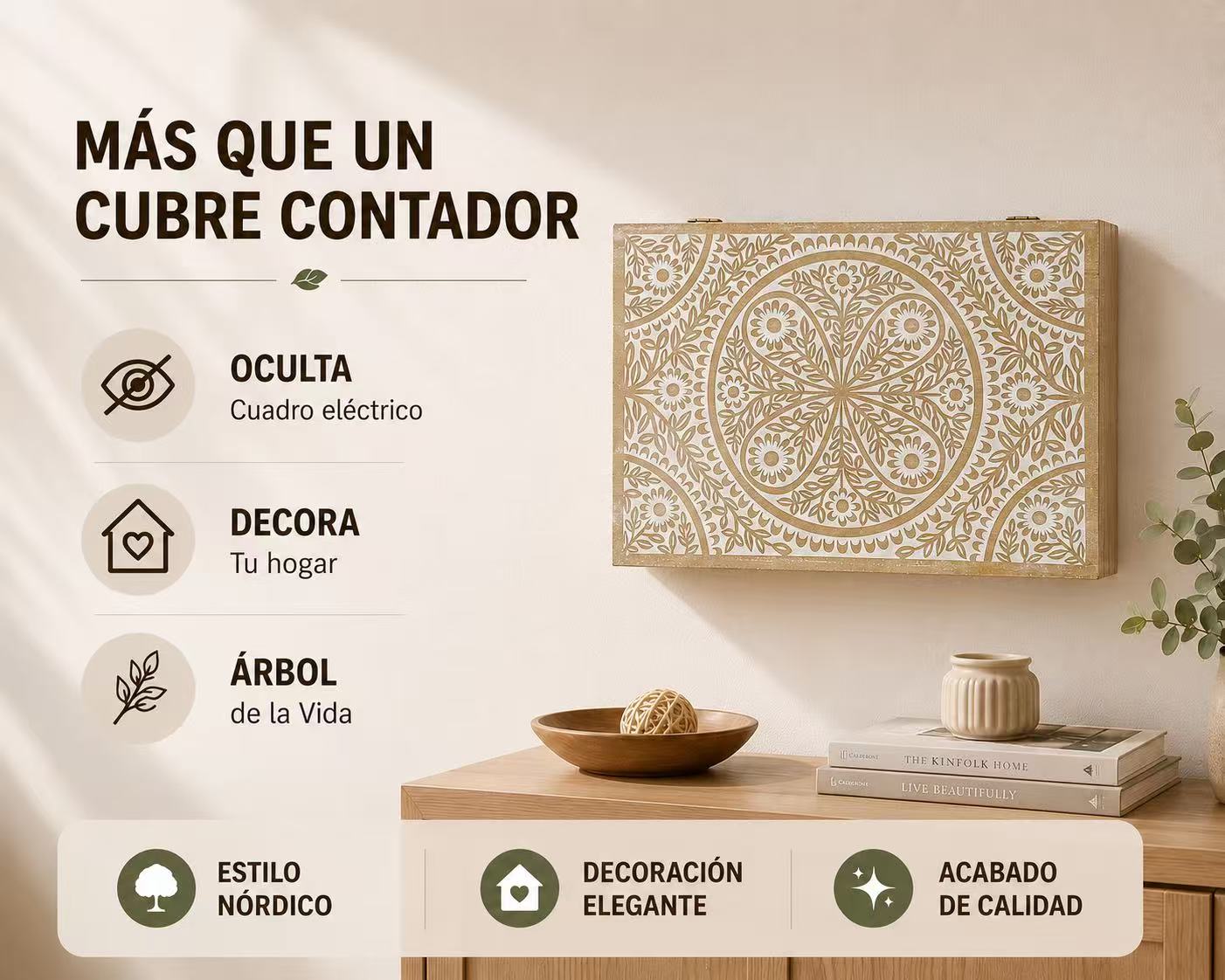Tapa Contador de Luz Decorativa de Madera, Cubre Cuadro Eléctrico con Diseño de Mandala, Estilo Nórdico - Mandala