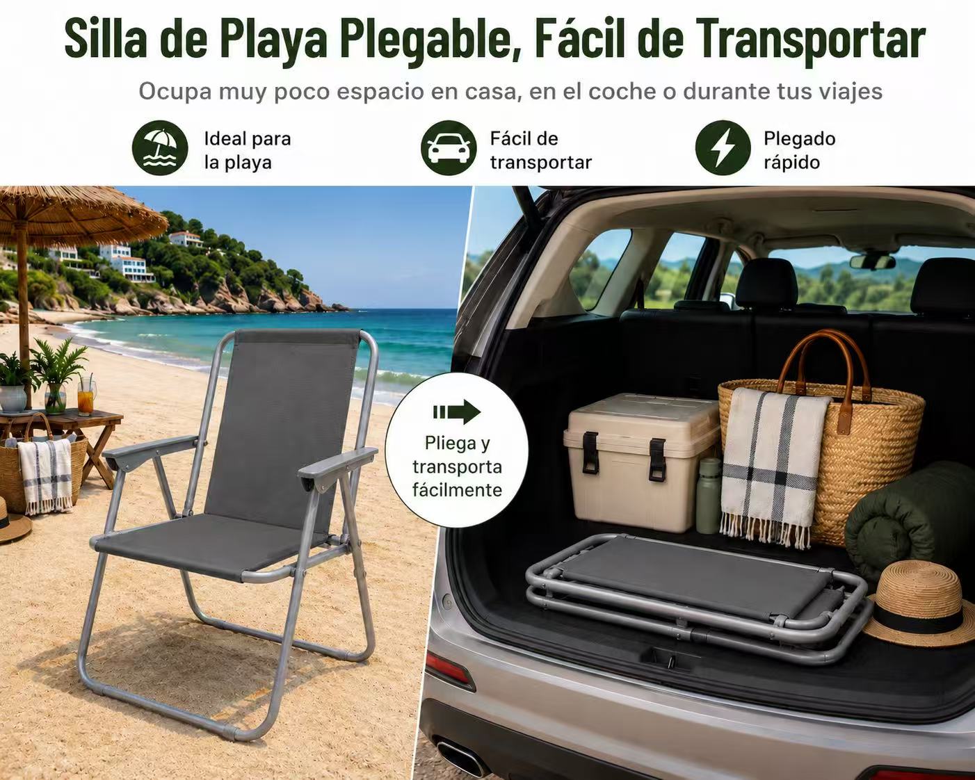 Silla de Playa Plegable Compacta, Ultraligera, con Respaldo Alto y Reposabrazos, Fácil de Transportar, Ideal para Playa, Camping, Terraza, Jardín, Balcón y Exterior