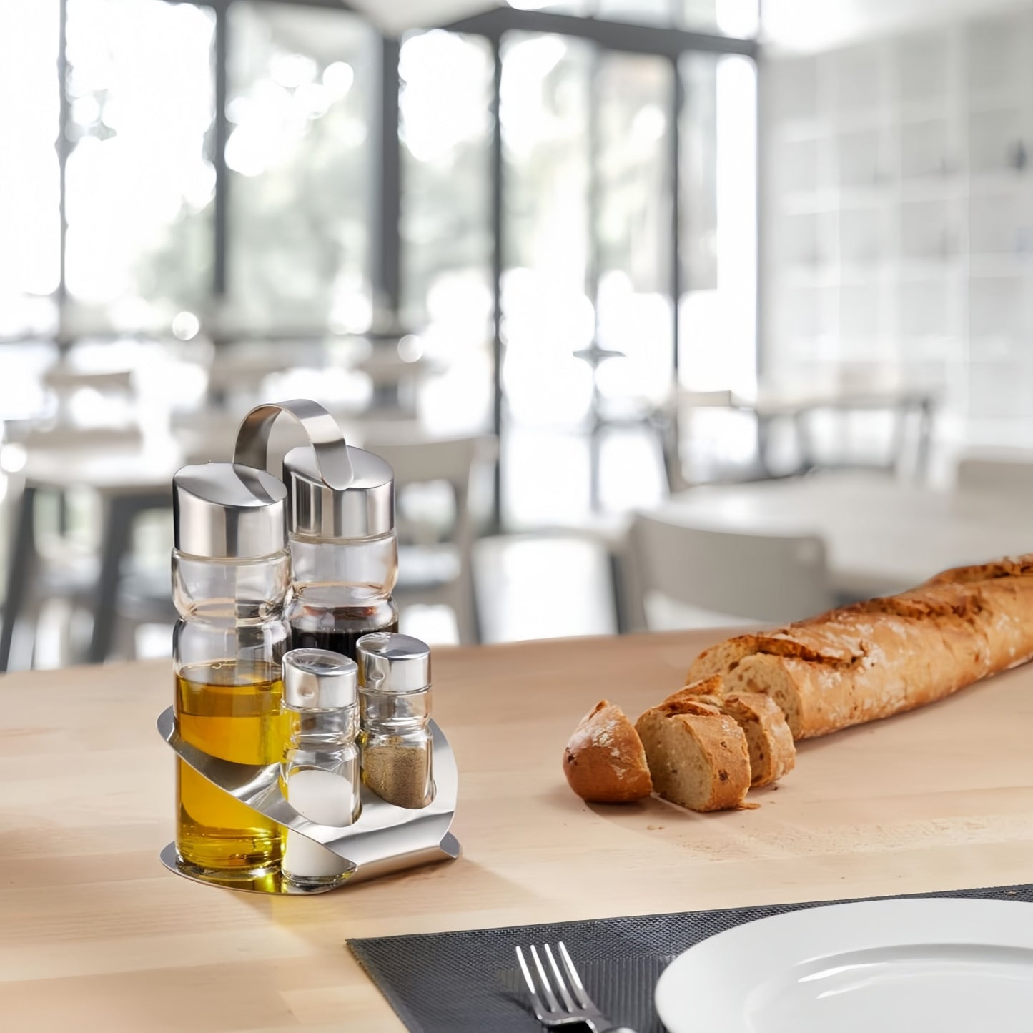 Set de Aceitera y Vinagrera, Vidrio, Acero Inoxidable, Juego de 4 Especieros, con Asa Fácil Transporte, Ideal Para Cocina, Comedor o Restaurante