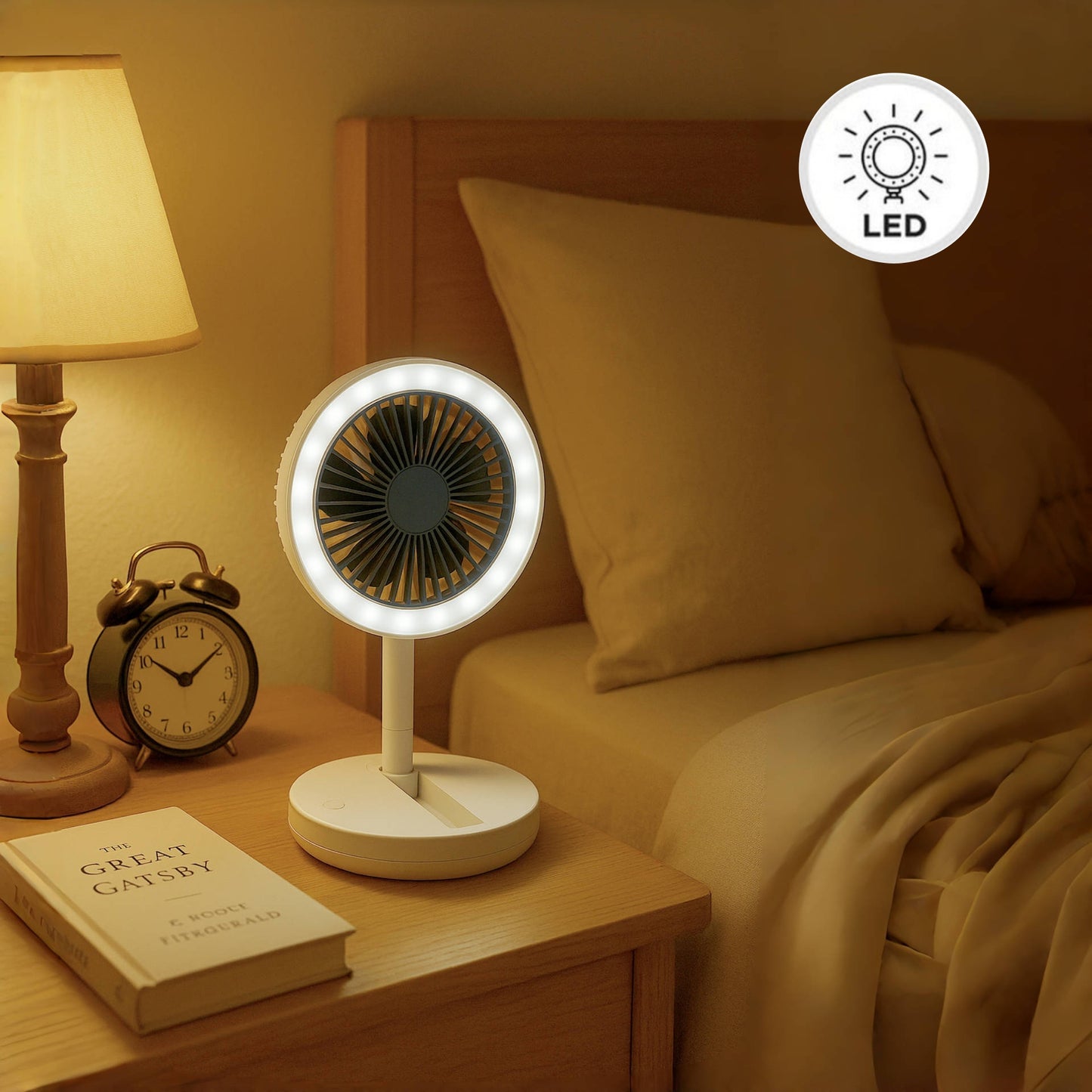 Ventilador de Sobremesa, Ventilador USB Plegable con Luz LED, Ventilador de Refrigeración Ajustable 180°, Portátil y Silencioso