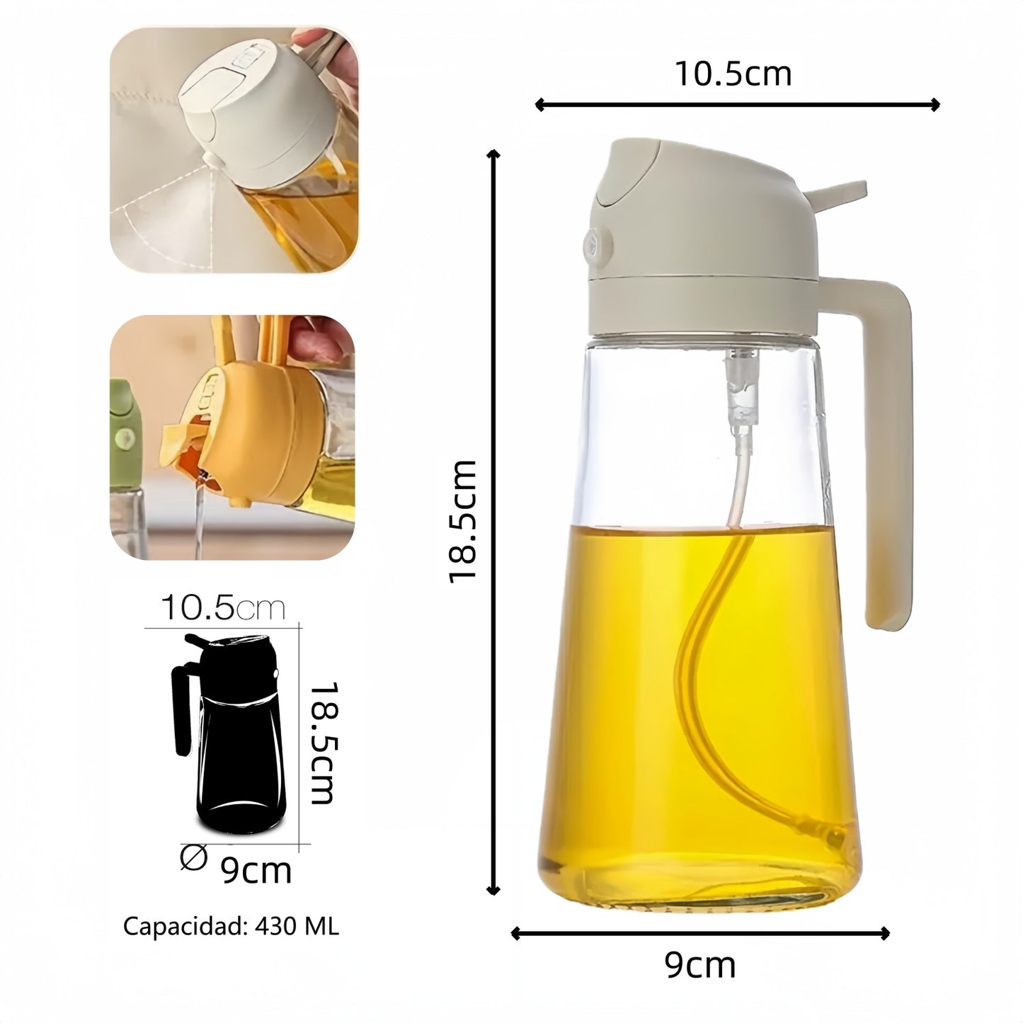DAMDAM GO Aceitera Spray y Dispensador de Aceite 2 en 1, Botella de Vidrio Antigoteo y Antideslizante 430 ml, Pulverizador de Aceite Para Cocina, Freidora de Aire, Ensaladas y Barbacoas