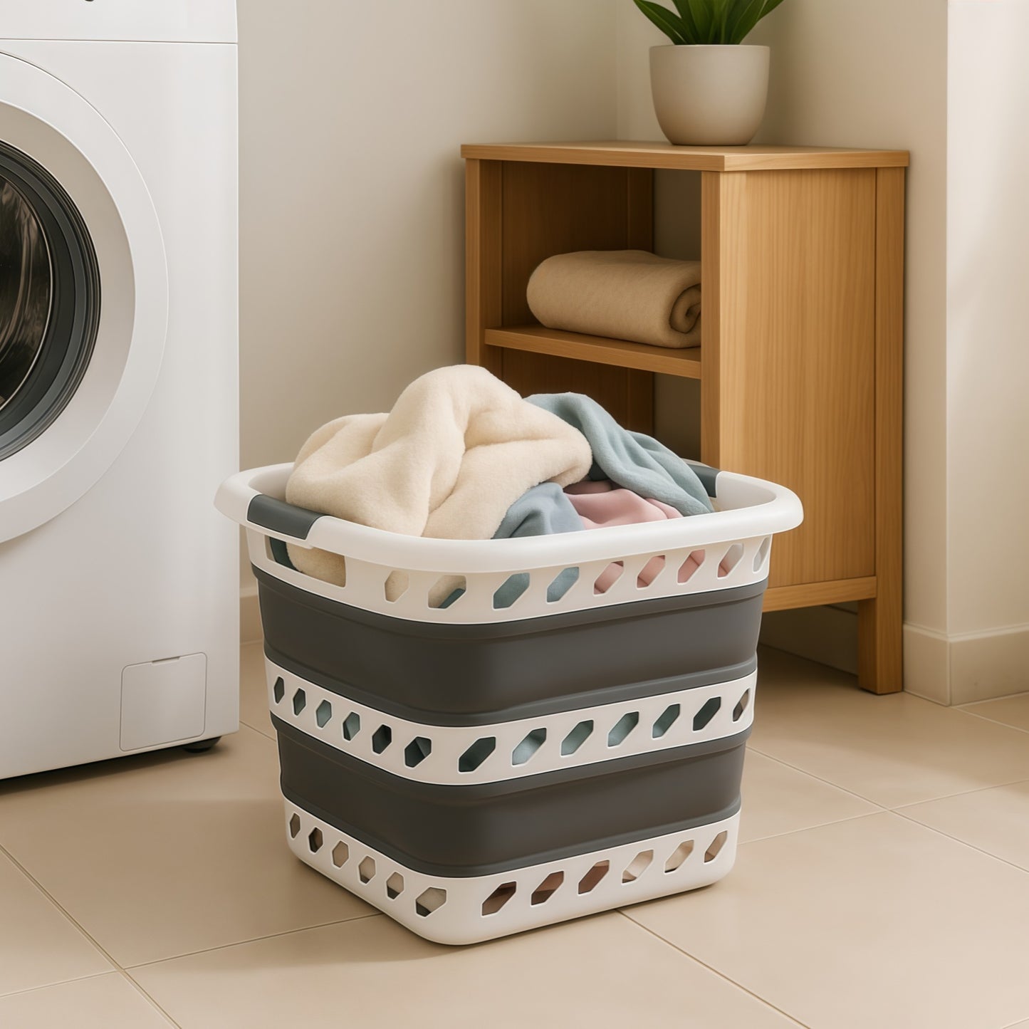 Cubo Para la Colada Retráctil Blanco y Gris 40L – Cesto de Ropa Plegable de Gran Capacidad, Diseño Compacto y Resistente Para Casa, Dormitorio y Lavandería