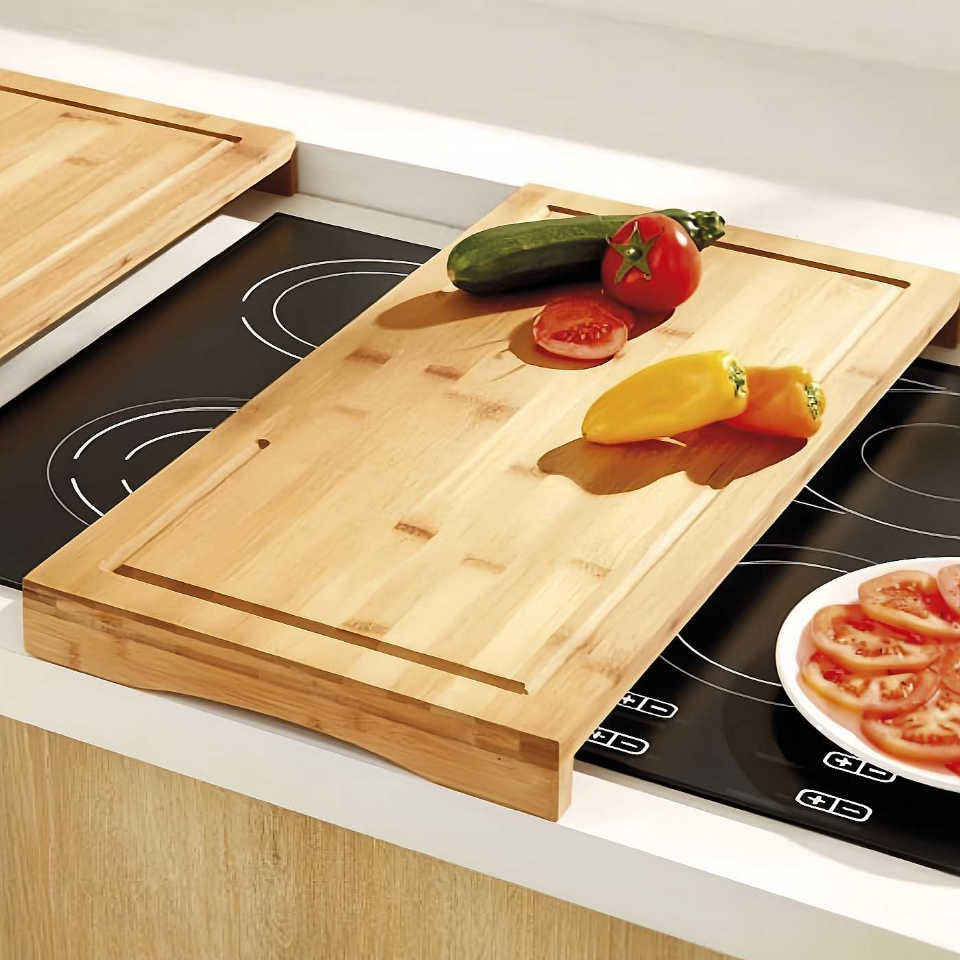 Tabla Cortar de Cocina de Bambú Multiusos, Cubre Vitrocerámica, Función de Protector de Vitrocerámica, Bandeja de Presentación de Alimentos
