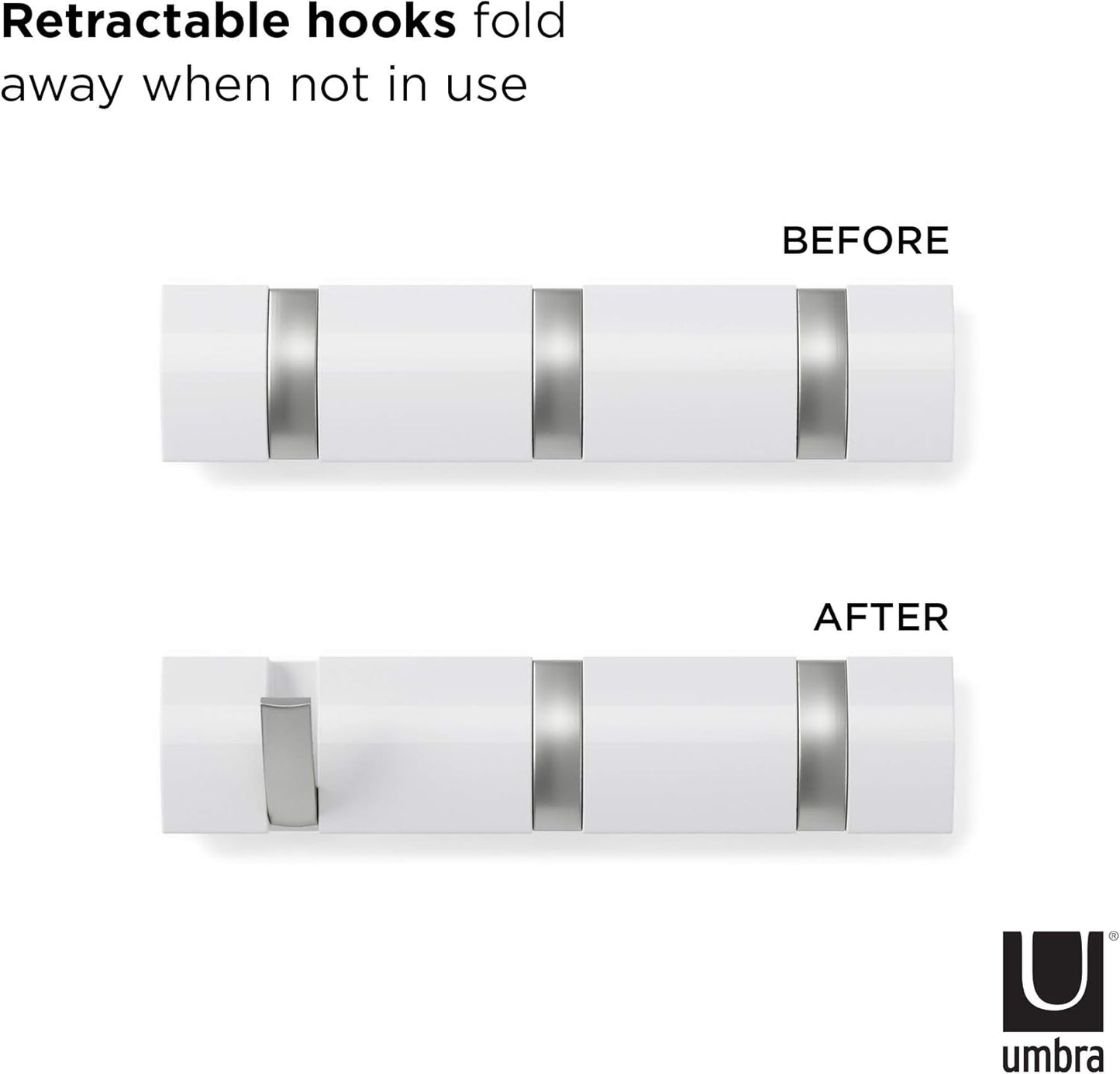 Umbra Flip Perchero de pared con 3 ganchos extraíbles, Álamo, Blanco