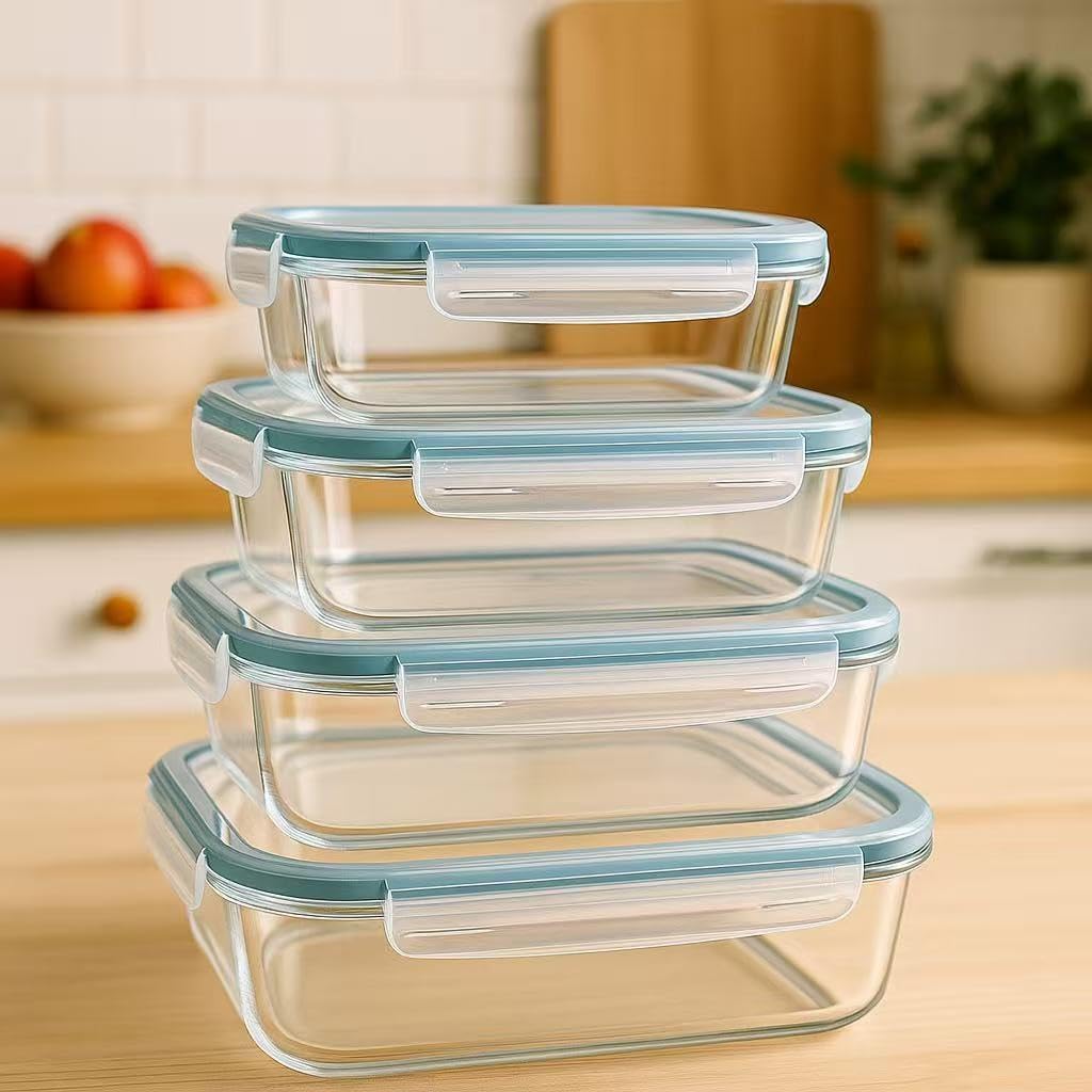 DAMDAM GO - Set Fiambreras de Cristal con Tapa - Herméticos Antifugas para Horno Microondas congelador y lavavajillas