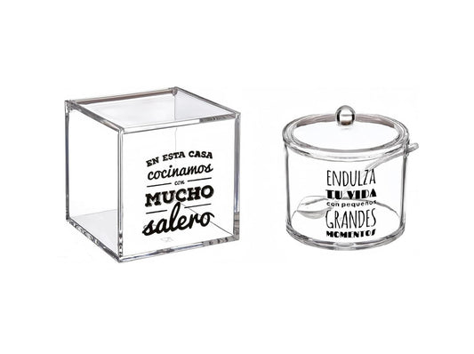 Juego de salero y azucarero de cocina original ACRILICO diseño frase . ""LA SAL DE MI VIDA Y MOMENTOS DULCES""