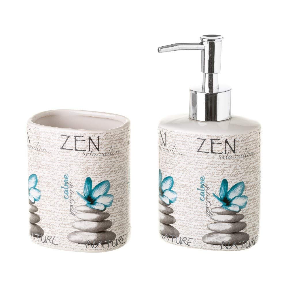 Dispensador y portacepillos Zen de cerámica Azules orientales para Cuarto de baño Sol Naciente