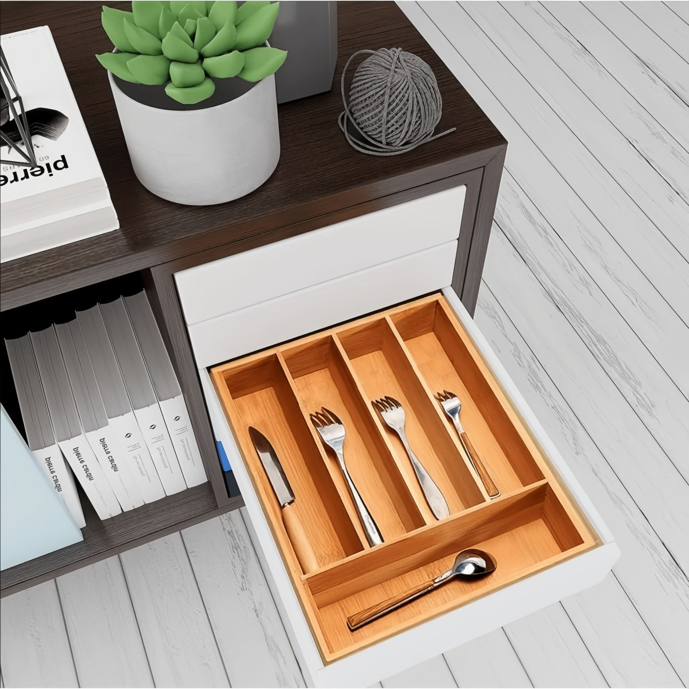 DAMDAM GO Cubertero Cajon, Organizador de Cubiertos, cubertero mandera Bambu 5 Compartimentos - 5 Compartimentos