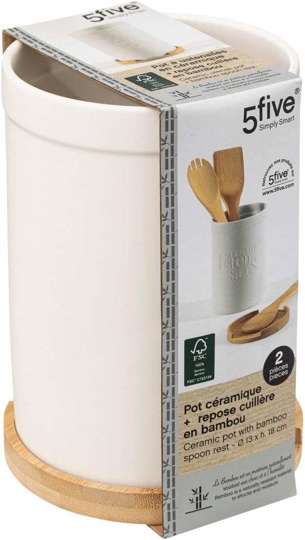 5five - Juego de soporte para utensilios y reposacucharas Naturéo - Cerámica blanca, bambú, 12,8 x 18 cm - Para guardar en la cocina