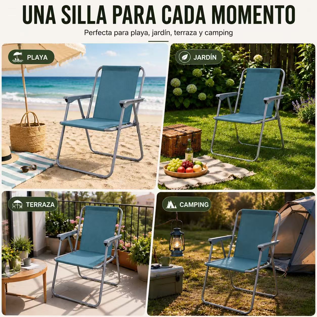 Silla de Playa Plegable Compacta, Ultraligera, con Respaldo Alto y Reposabrazos, Fácil de Transportar, Ideal para Playa, Camping, Terraza, Jardín, Balcón y Exterior