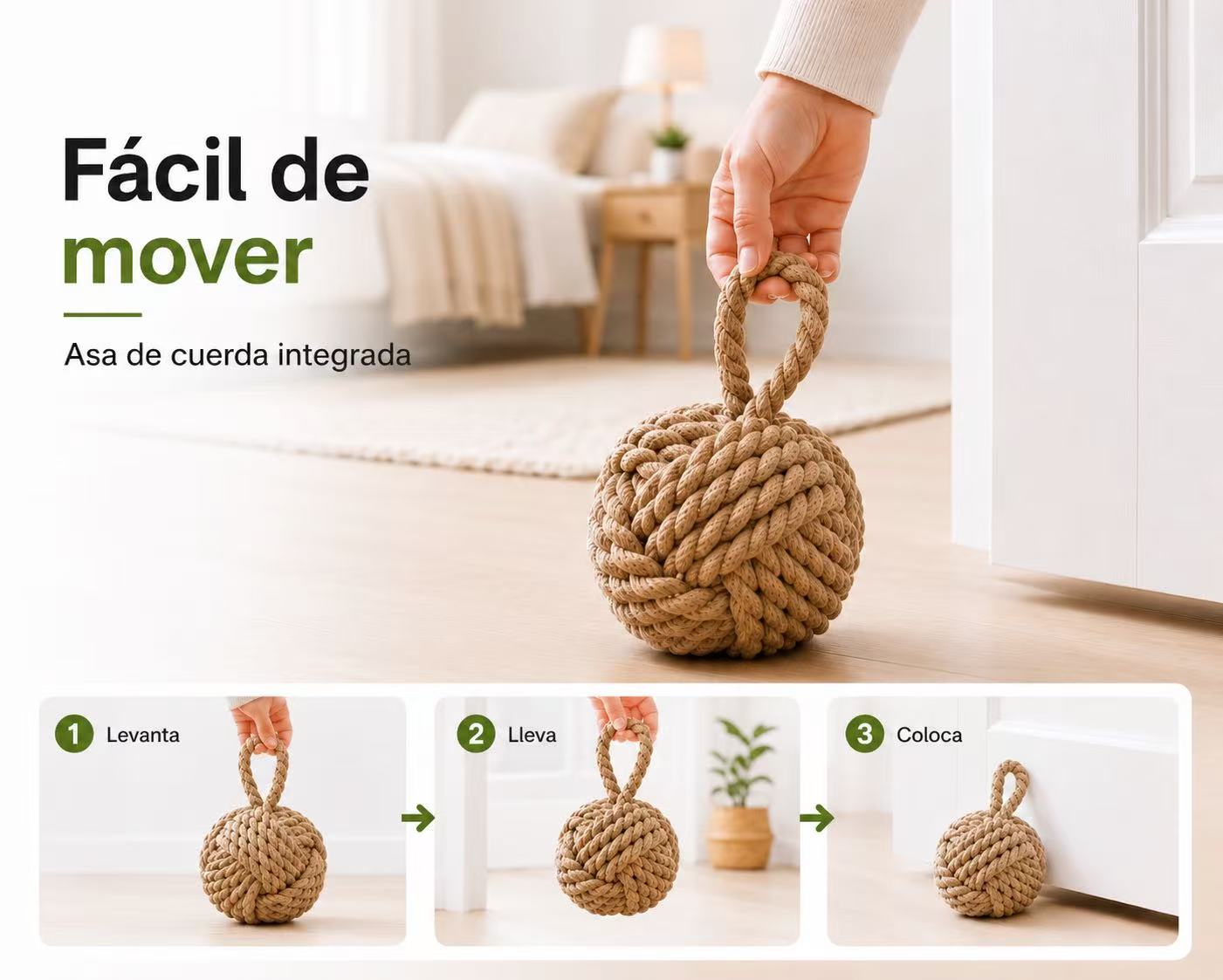 Sujetapuertas Decorativo con Asa de Cuerda, Tope de Puerta 15x15x15 cm, Retenedor para Hogar, Dormitorio, Salón y Oficina