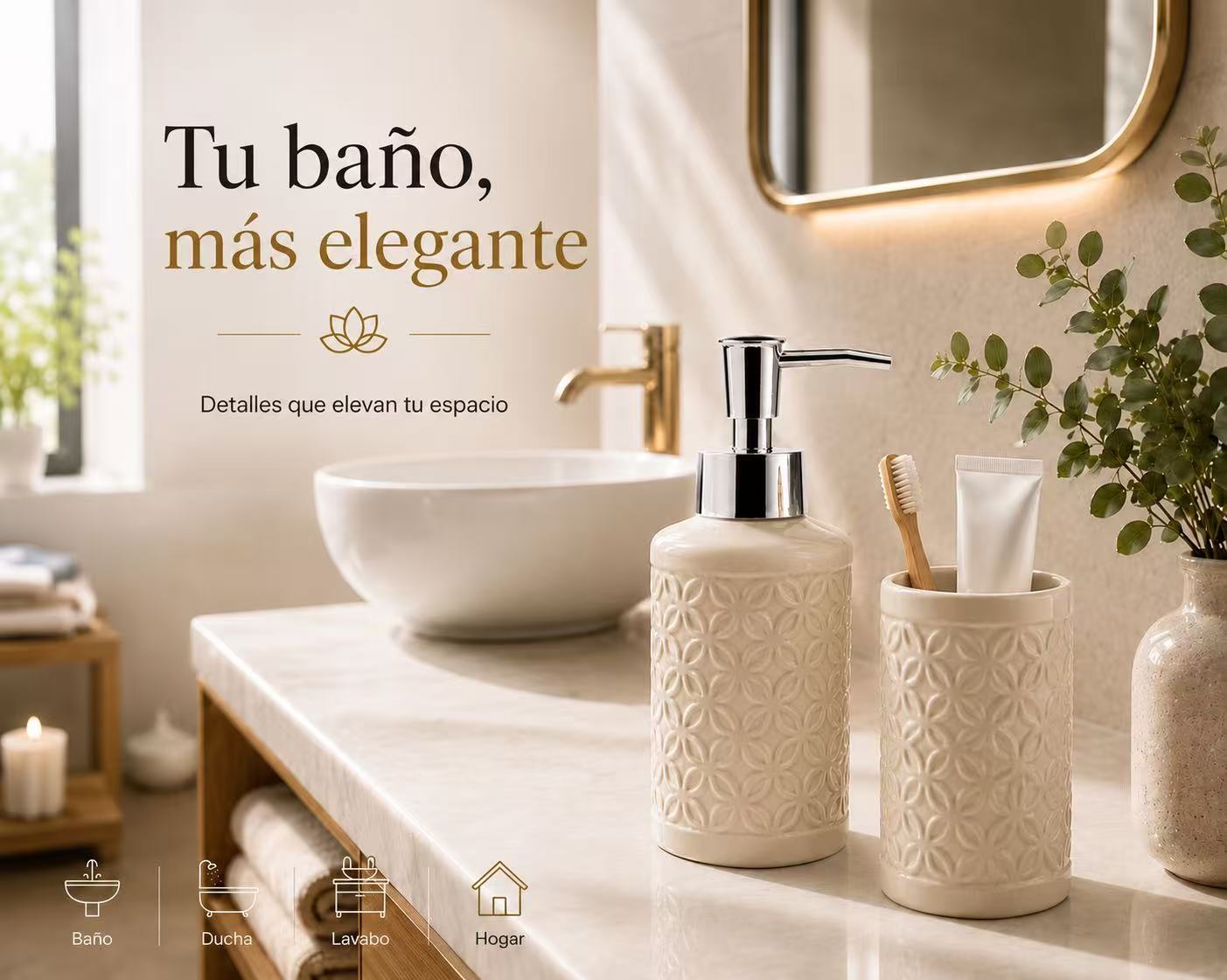 Set de Baño de Cerámica, Dispensador de Jabón y Vaso para Cepillos de Dientes, Accesorios para Baño y Lavabo, Diseño Moderno