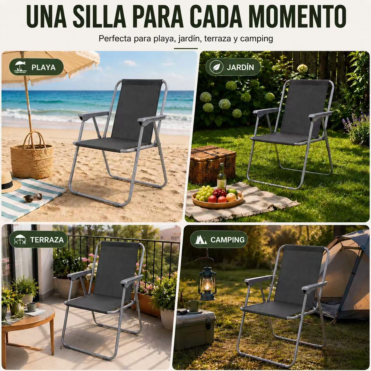 Silla de Playa Plegable Compacta, Ultraligera, con Respaldo Alto y Reposabrazos, Fácil de Transportar, Ideal para Playa, Camping, Terraza, Jardín, Balcón y Exterior