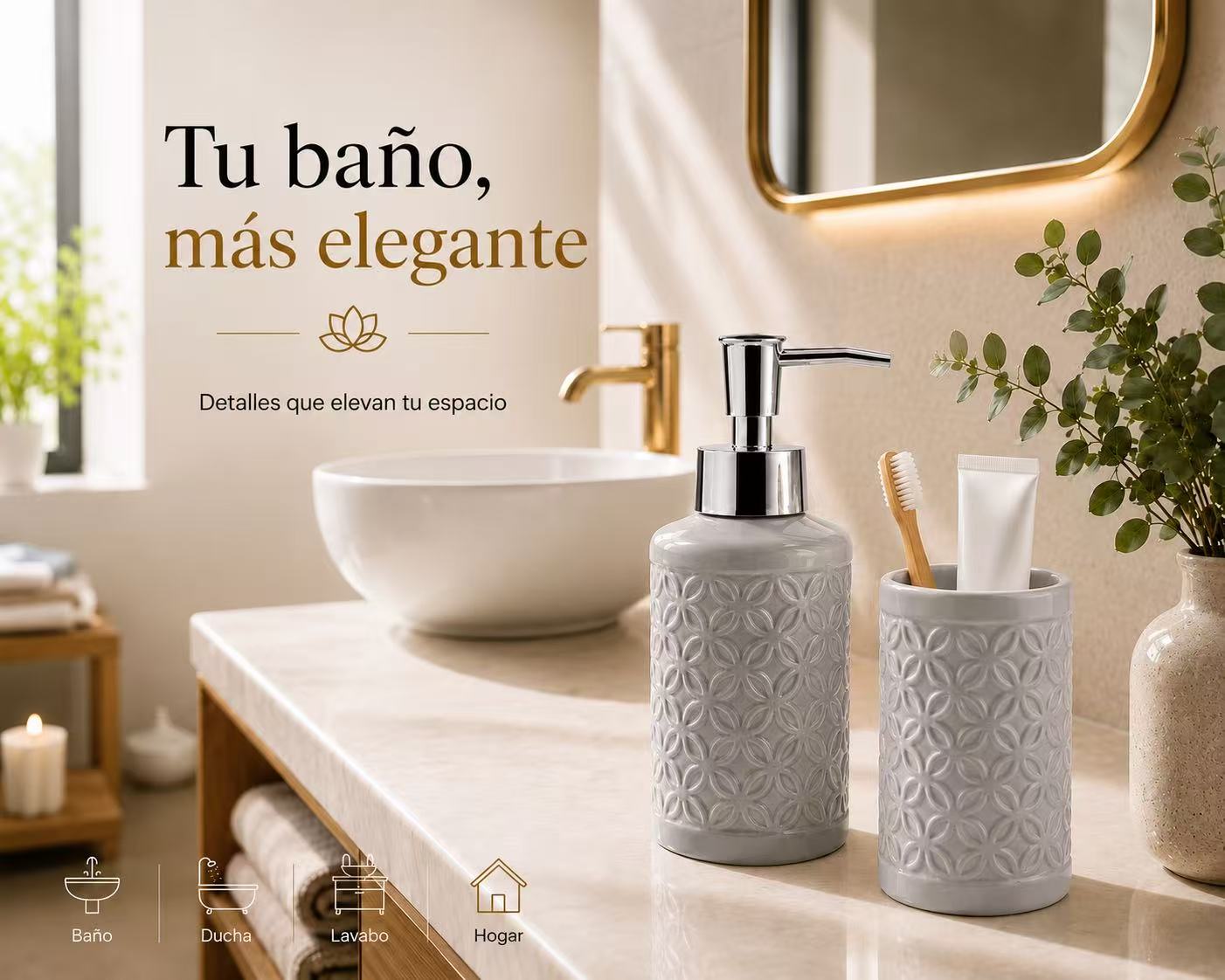 Set de Baño de Cerámica, Dispensador de Jabón y Vaso para Cepillos de Dientes, Accesorios para Baño y Lavabo, Diseño Moderno