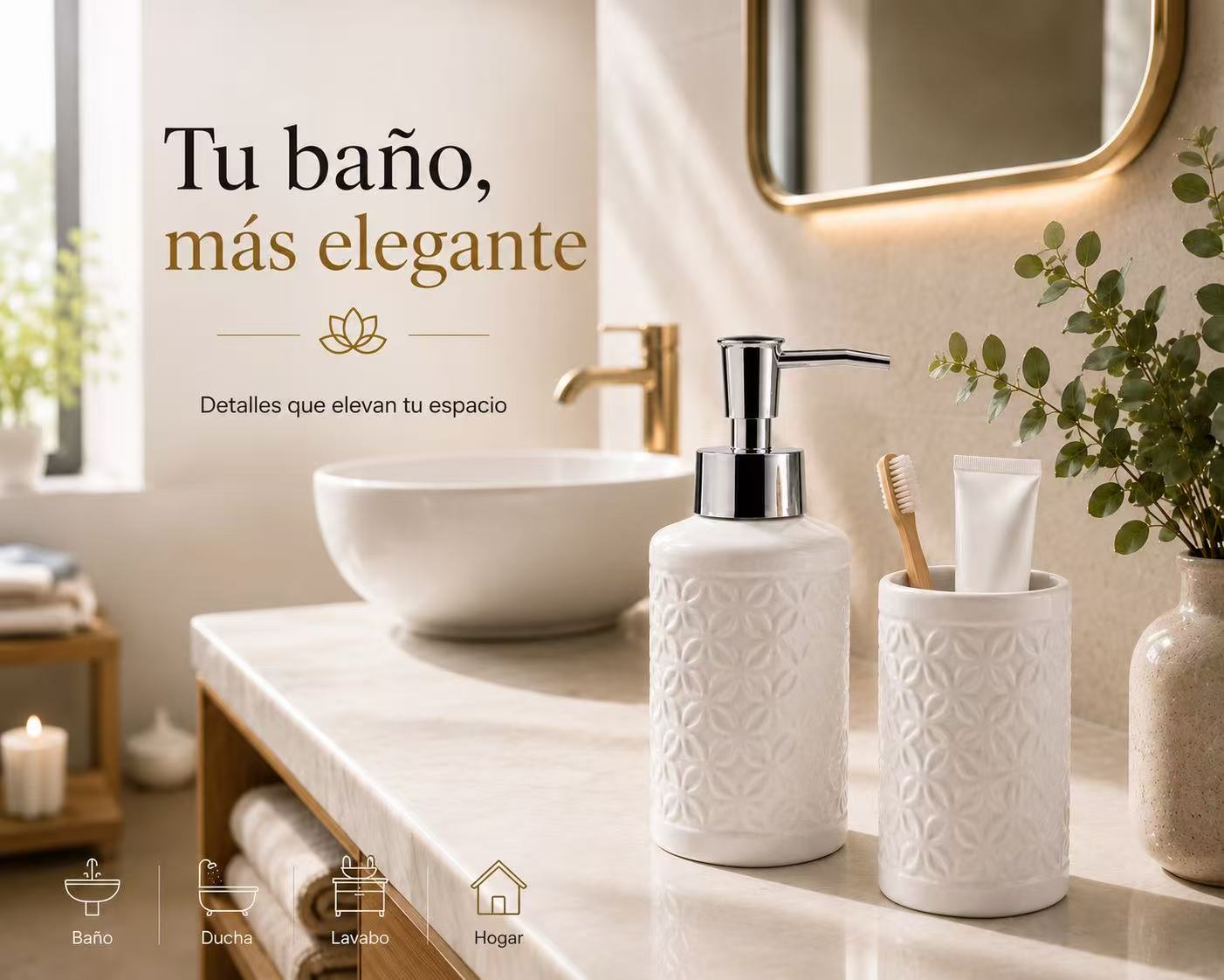 Set de Baño de Cerámica, Dispensador de Jabón y Vaso para Cepillos de Dientes, Accesorios para Baño y Lavabo, Diseño Moderno