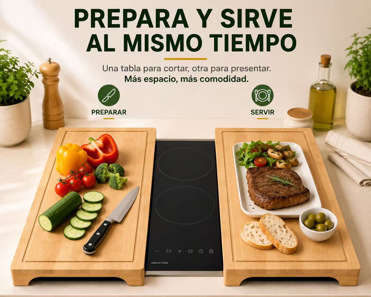 Protector para Vitrocerámica e Inducción, Pack de 2 Tablas de Cortar de Bambú con Ranura Antiderrames, Amplía el Espacio de Trabajo para Cortar, Servir y Proteger, 53,8 × 28 cm