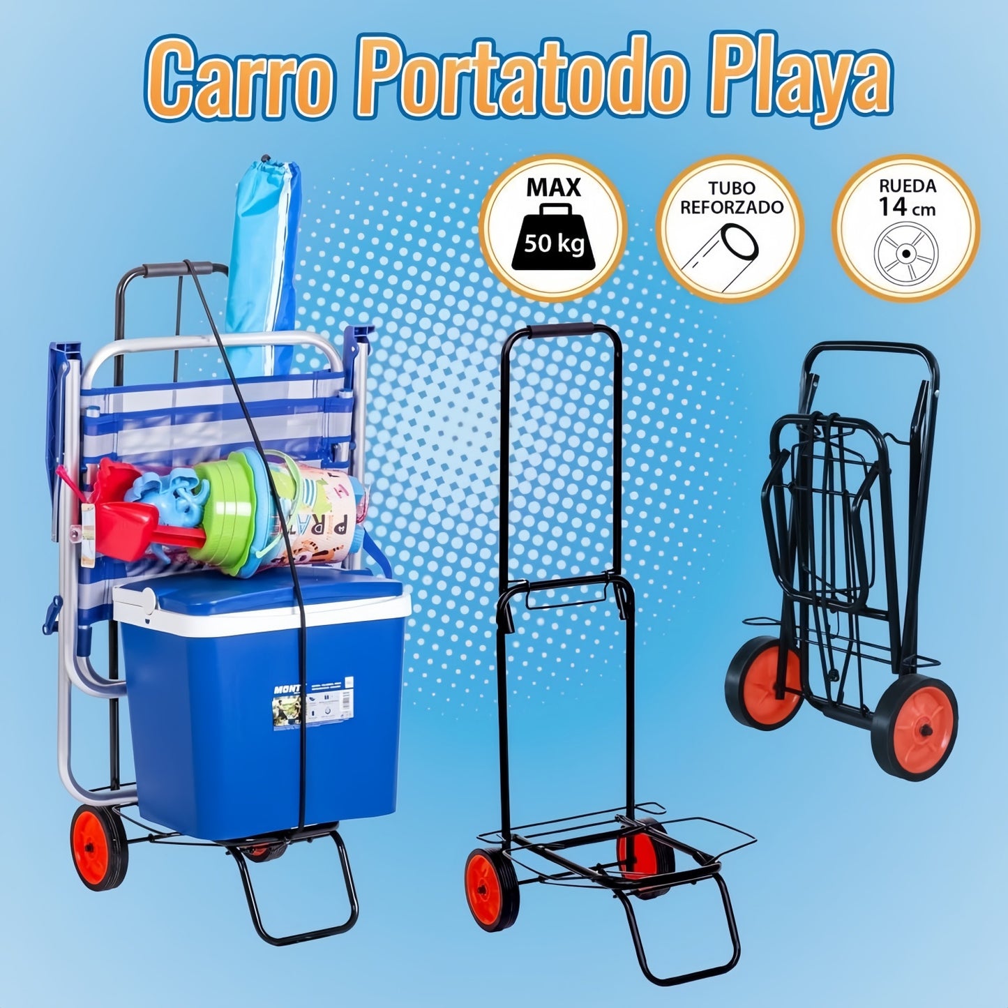 Carro Playa Plegable con Ruedas, Carrito Playa Portatodo para Nevera, Sillas y Equipaje, Resistente y Fácil de Transportar, Ideal para Playa, Camping, Compras y Viajes
