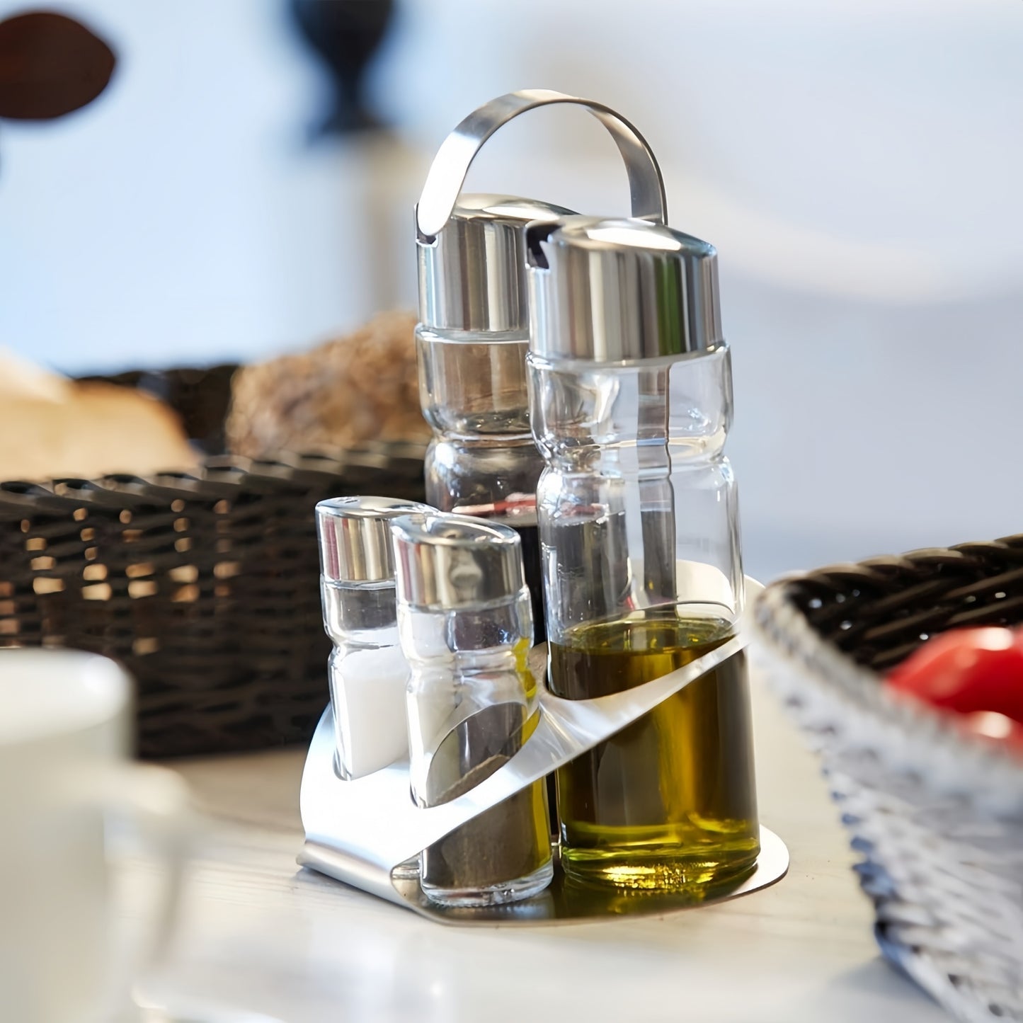 Set de Aceitera y Vinagrera, Vidrio, Acero Inoxidable, Juego de 4 Especieros, con Asa Fácil Transporte, Ideal Para Cocina, Comedor o Restaurante