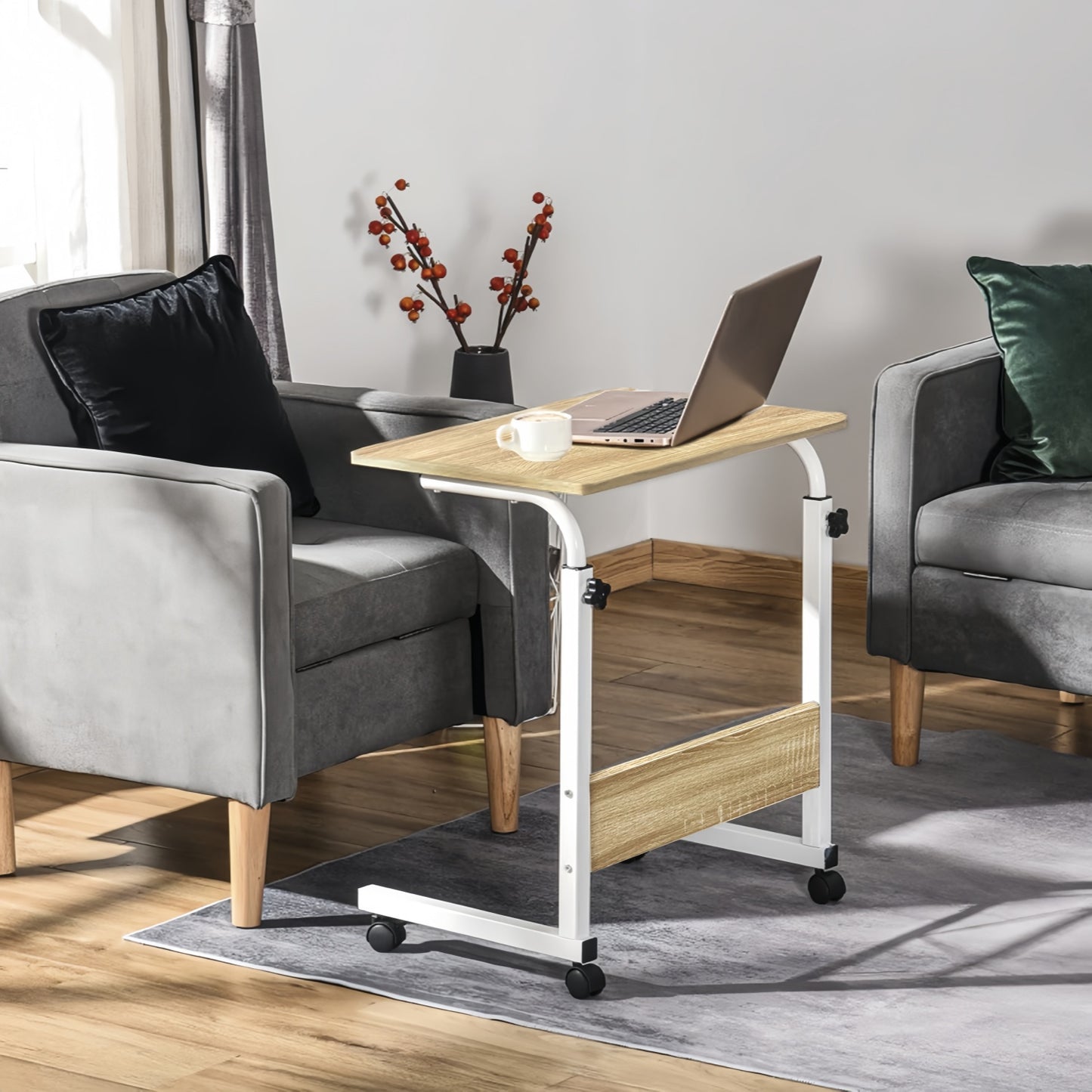 Mesa Auxiliar Ajustable con Ruedas, Mesa Portátil Para Portátil o Cama – Escritorio Regulable en Altura para Sofá, Dormitorio o Balcón, Ideal para Oficina en Casa