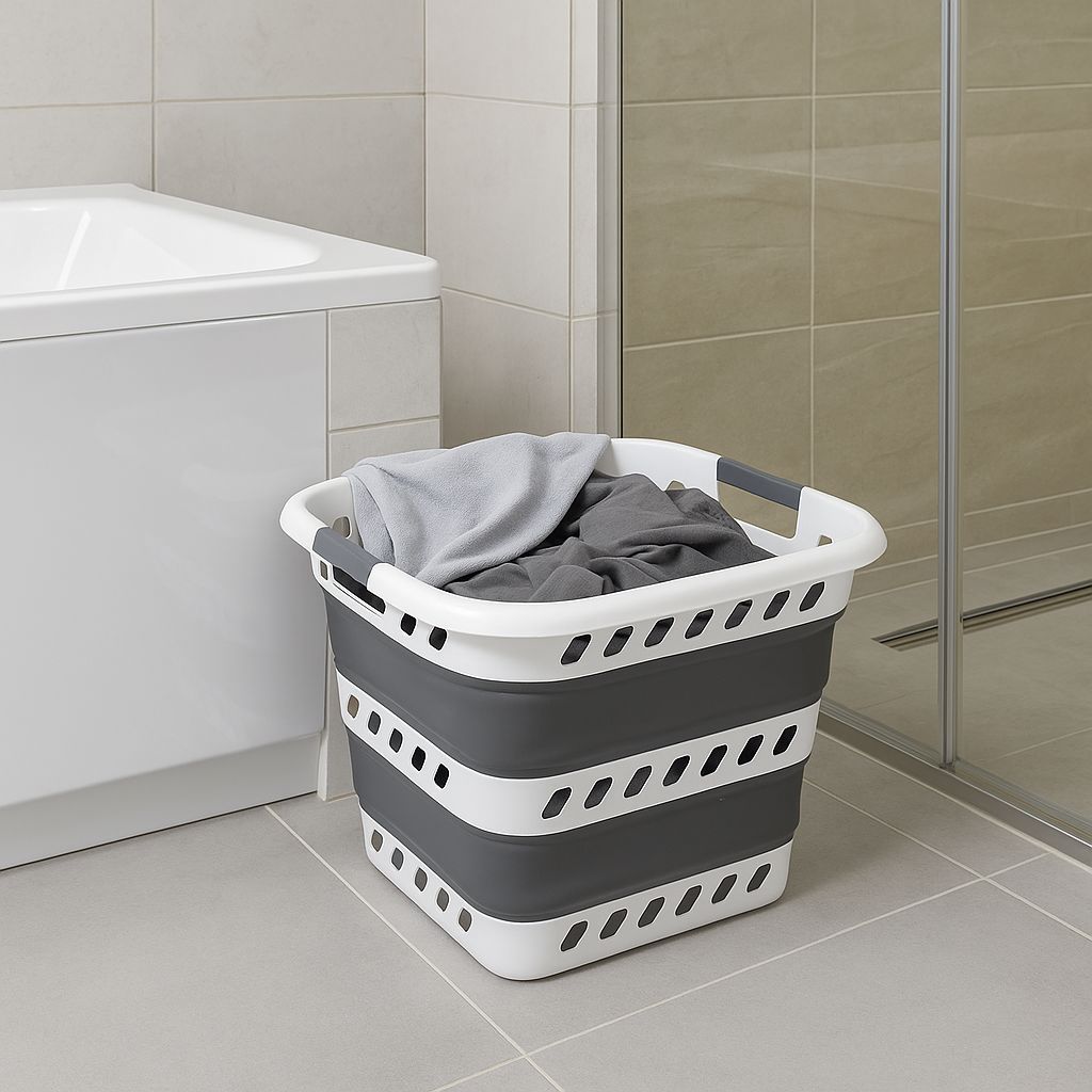 Cubo Para la Colada Retráctil Blanco y Gris 40L – Cesto de Ropa Plegable de Gran Capacidad, Diseño Compacto y Resistente Para Casa, Dormitorio y Lavandería