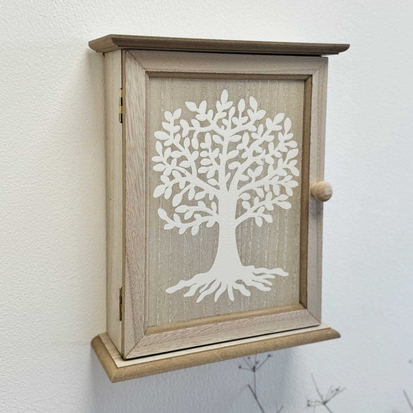 Caja Guardallaves de Madera Decorada con Arbol de la Vida Estilo Nórdico con 6 Colgadores de Pared