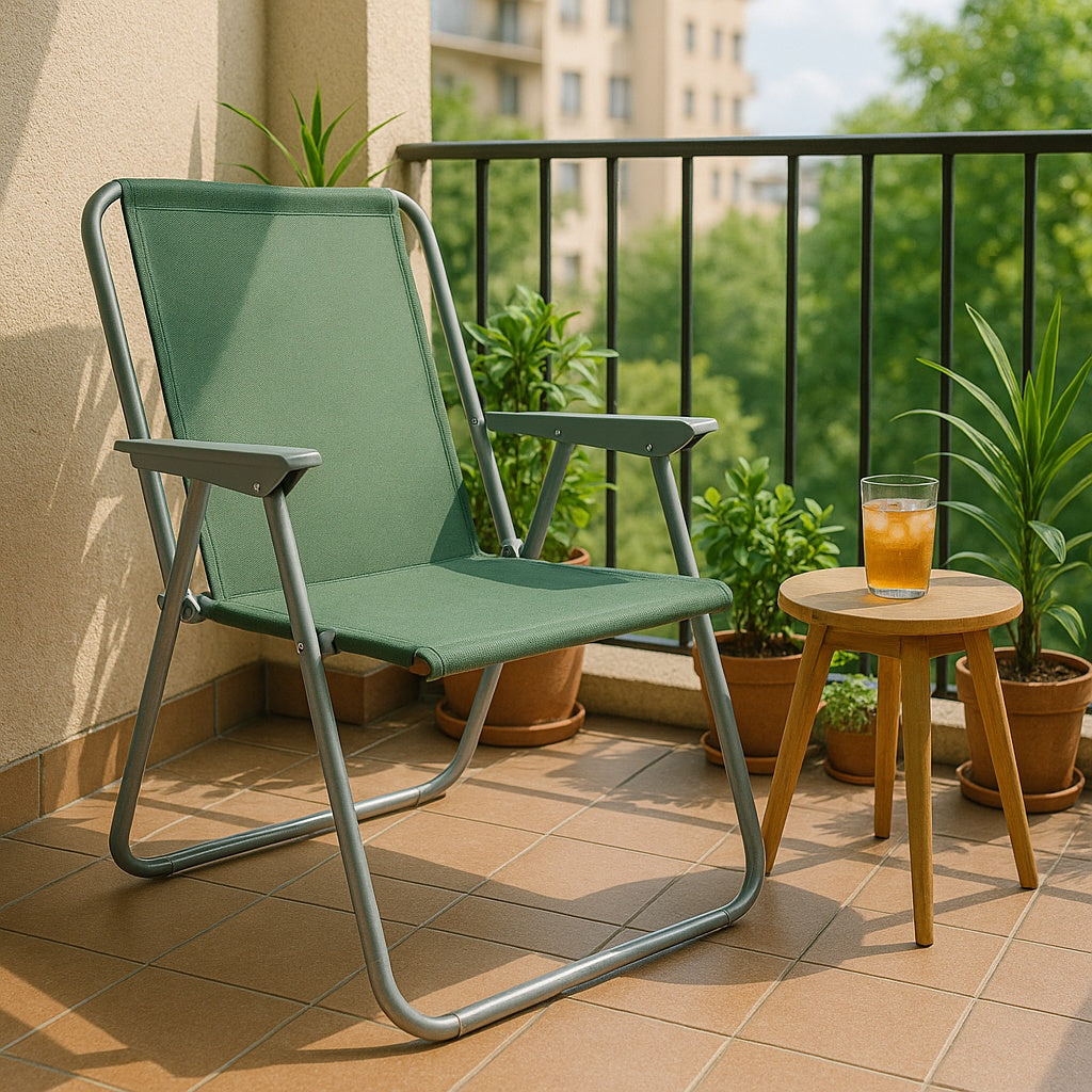 Silla de Playa Plegable Compacta, Ultraligera, con Respaldo Alto y Reposabrazos, Fácil de Transportar, Ideal para Playa, Camping, Terraza, Jardín, Balcón y Exterior