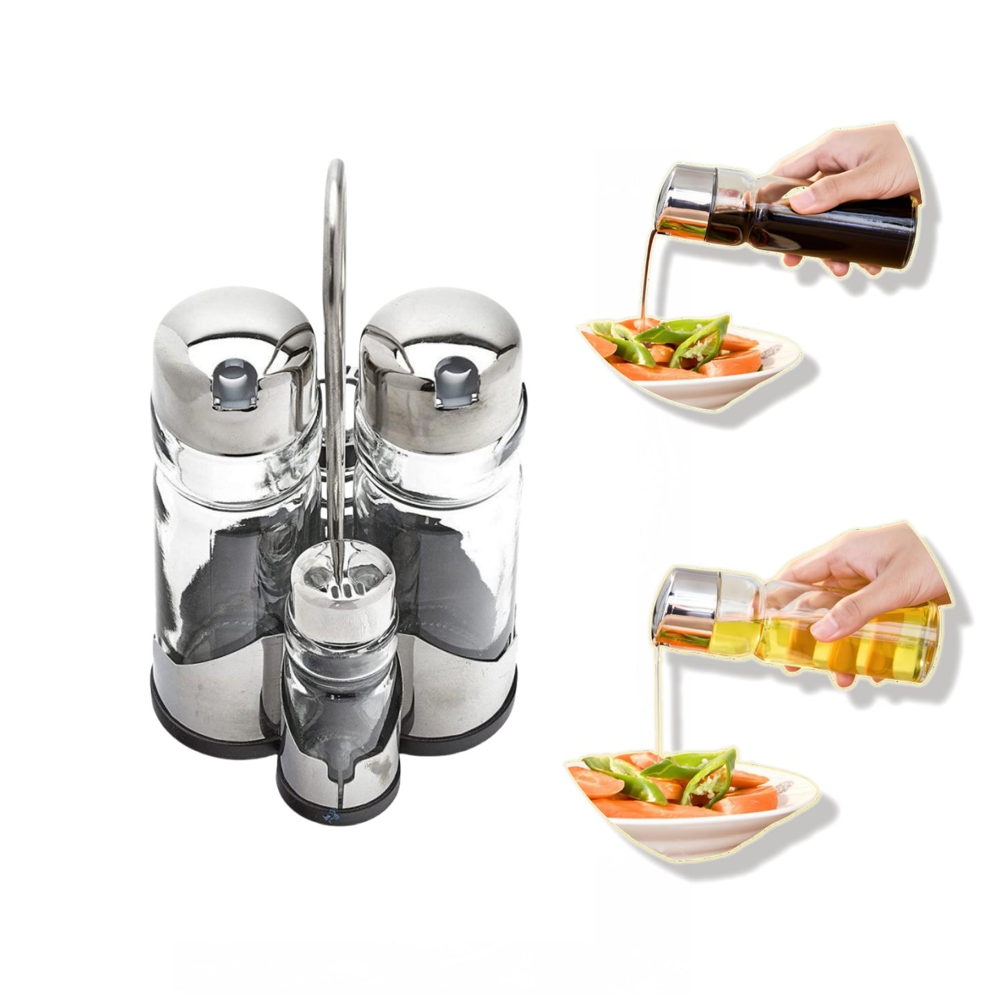 DAMDAM GO Juego de Aceitera y Vinagrera, Vidrio, Inoxidable, Set de Aceite y Vinagre para Mesa con Soporte, Color Acero y Transparente