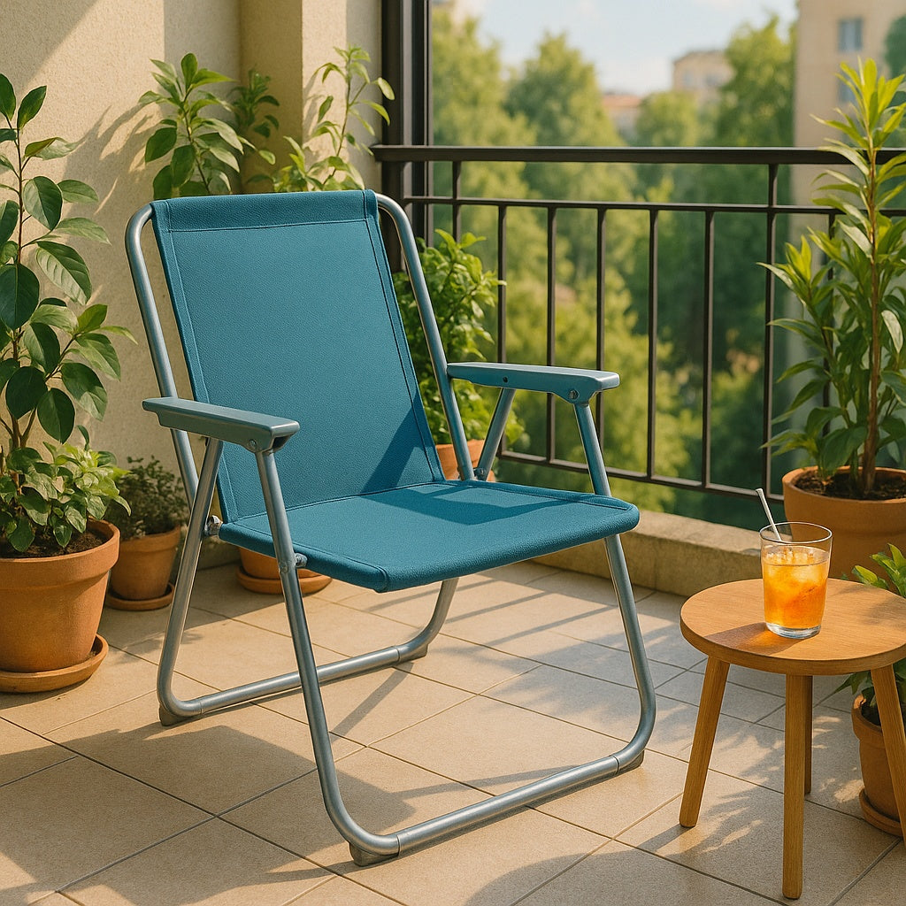 Silla de Playa Plegable Compacta, Ultraligera, con Respaldo Alto y Reposabrazos, Fácil de Transportar, Ideal para Playa, Camping, Terraza, Jardín, Balcón y Exterior