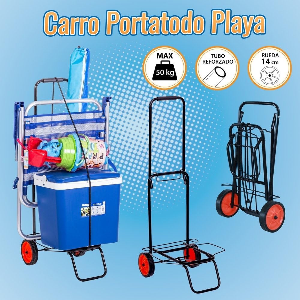 Carro Playa portasillas y portatodo Plegable de Acero Negro de 34x45x100 cm
