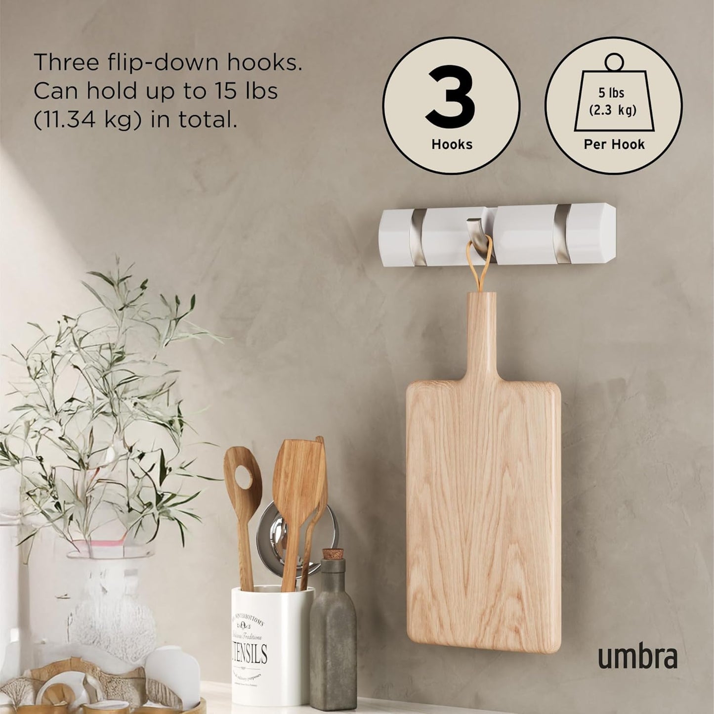 Umbra Flip Perchero de pared con 3 ganchos extraíbles, Álamo, Blanco