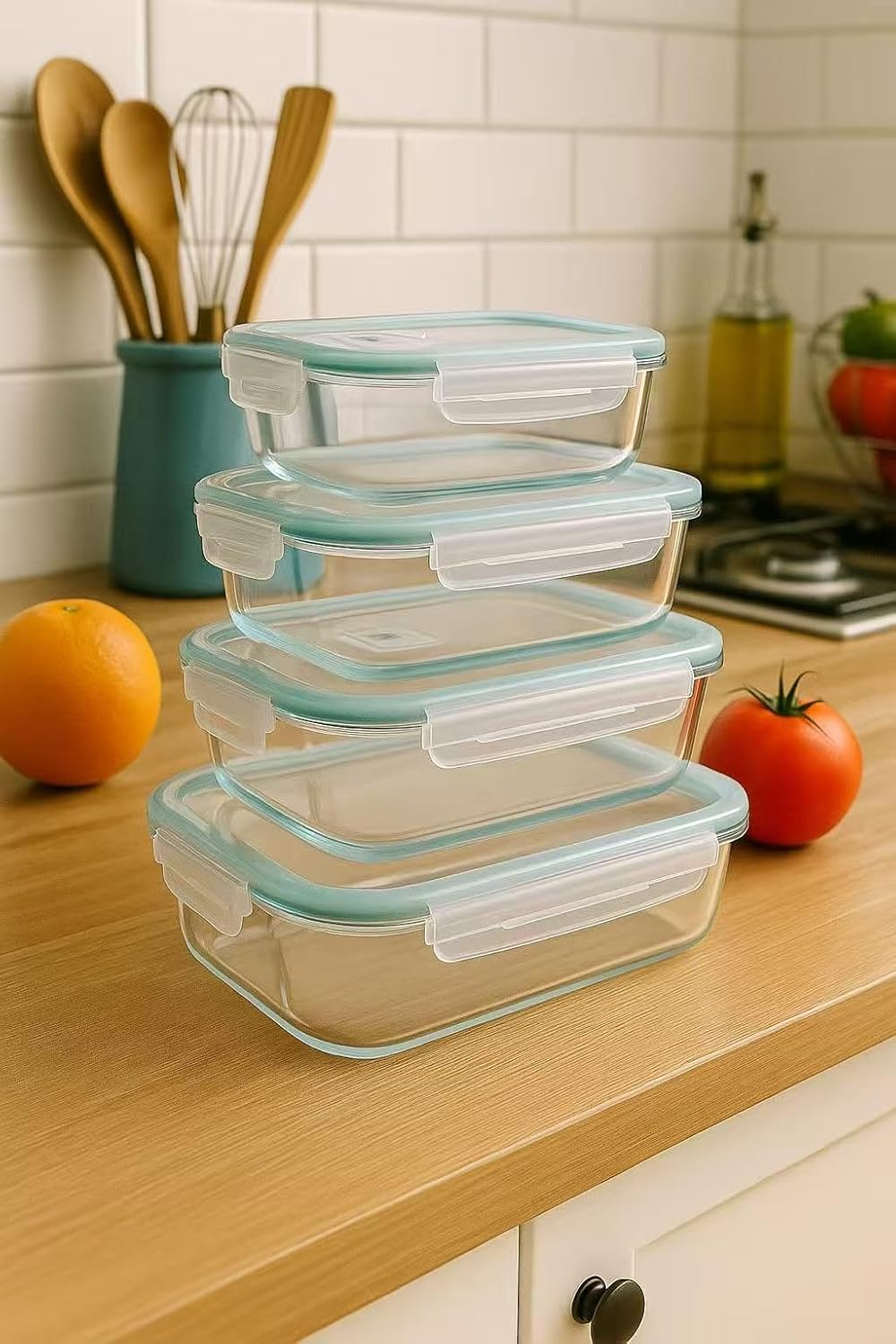 DAMDAM GO - Set Fiambreras de Cristal con Tapa - Herméticos Antifugas para Horno Microondas congelador y lavavajillas