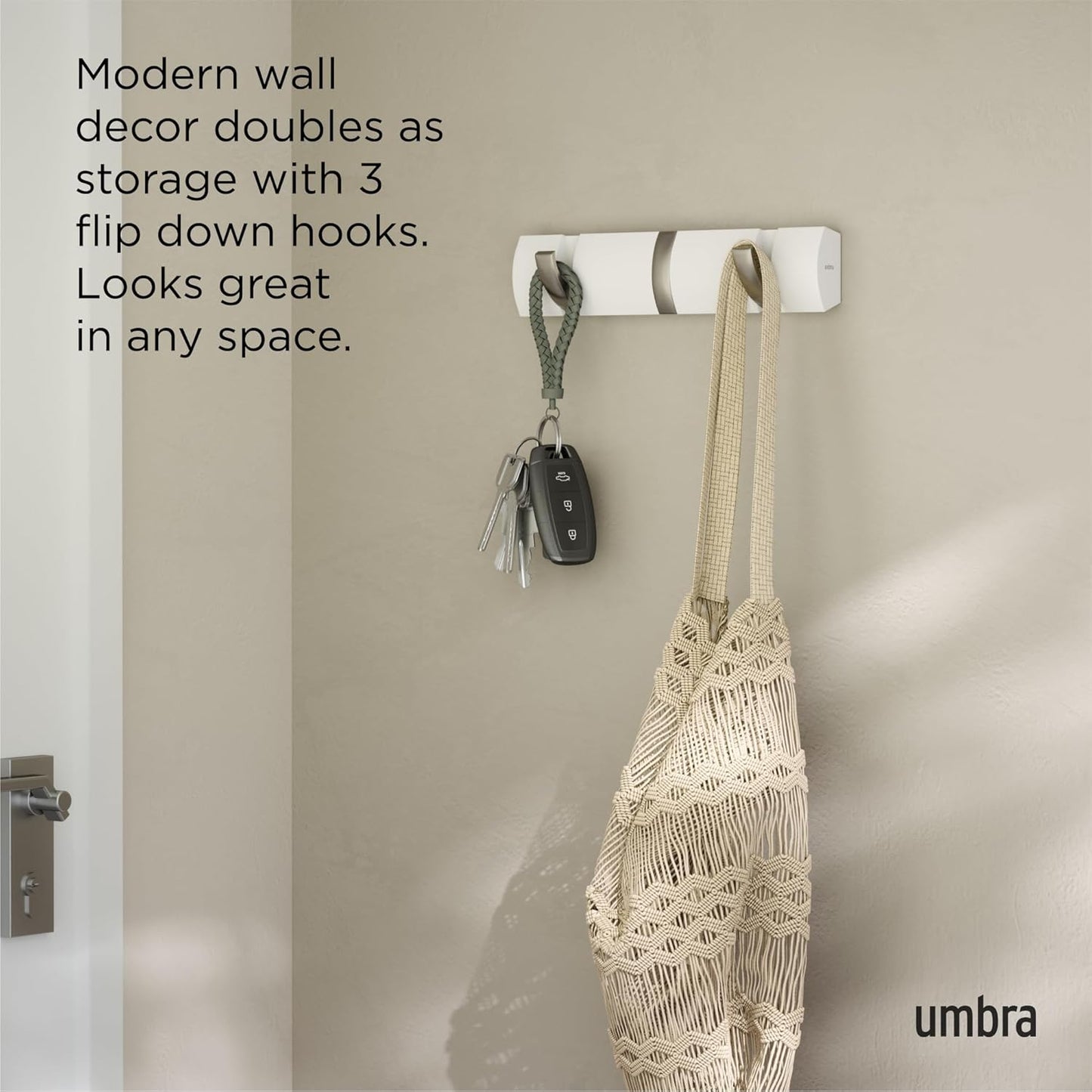 Umbra Flip Perchero de pared con 3 ganchos extraíbles, Álamo, Blanco