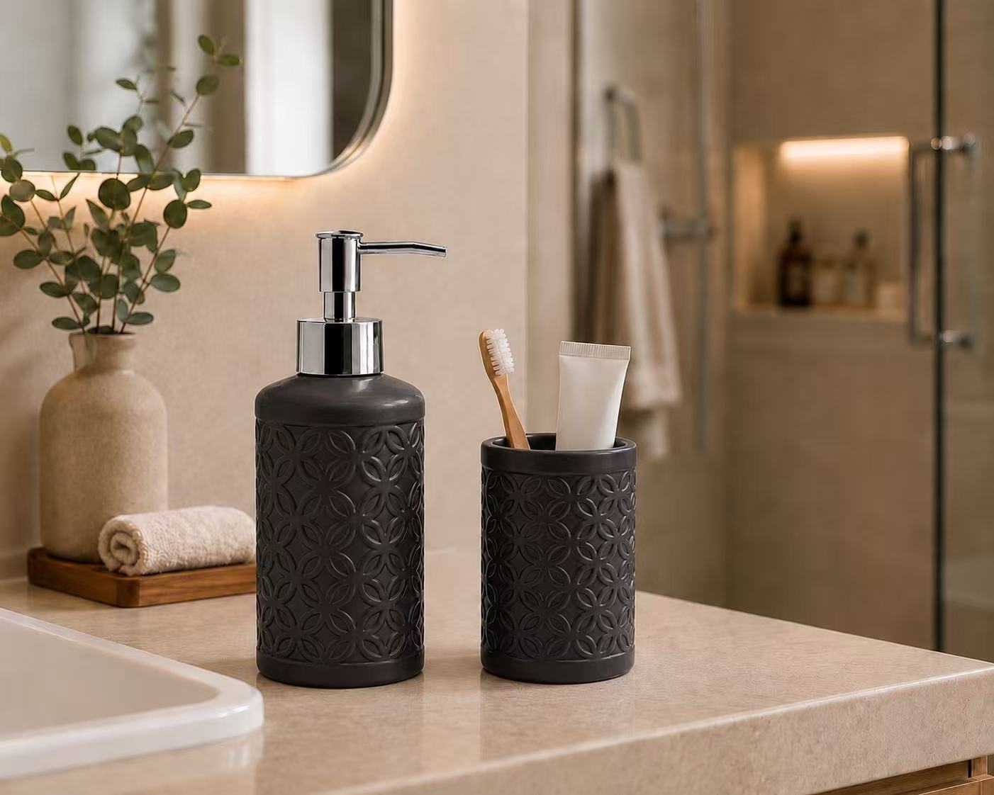 Set de Baño de Cerámica, Dispensador de Jabón y Vaso para Cepillos de Dientes, Accesorios para Baño y Lavabo, Diseño Moderno
